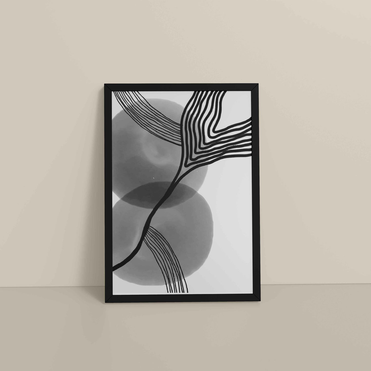 Floor View of Waves of Contrast – Black and White Abstract Art in Black Color Frame