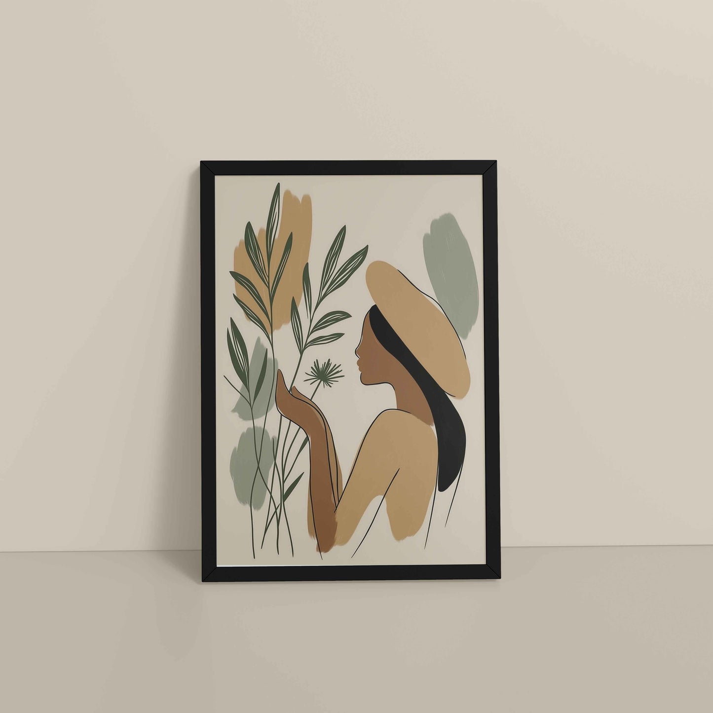 Floor View of Leafy Accents – Elegant Woman Line Drawing in Black Color Frame