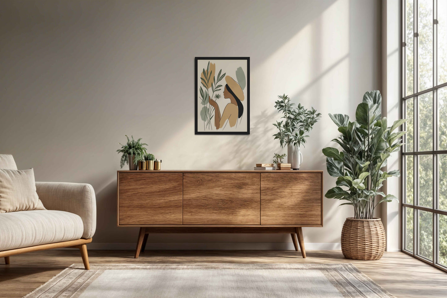 Living Room Cabinet Preview of Leafy Accents – Elegant Woman Line Drawing in Black Color Frame