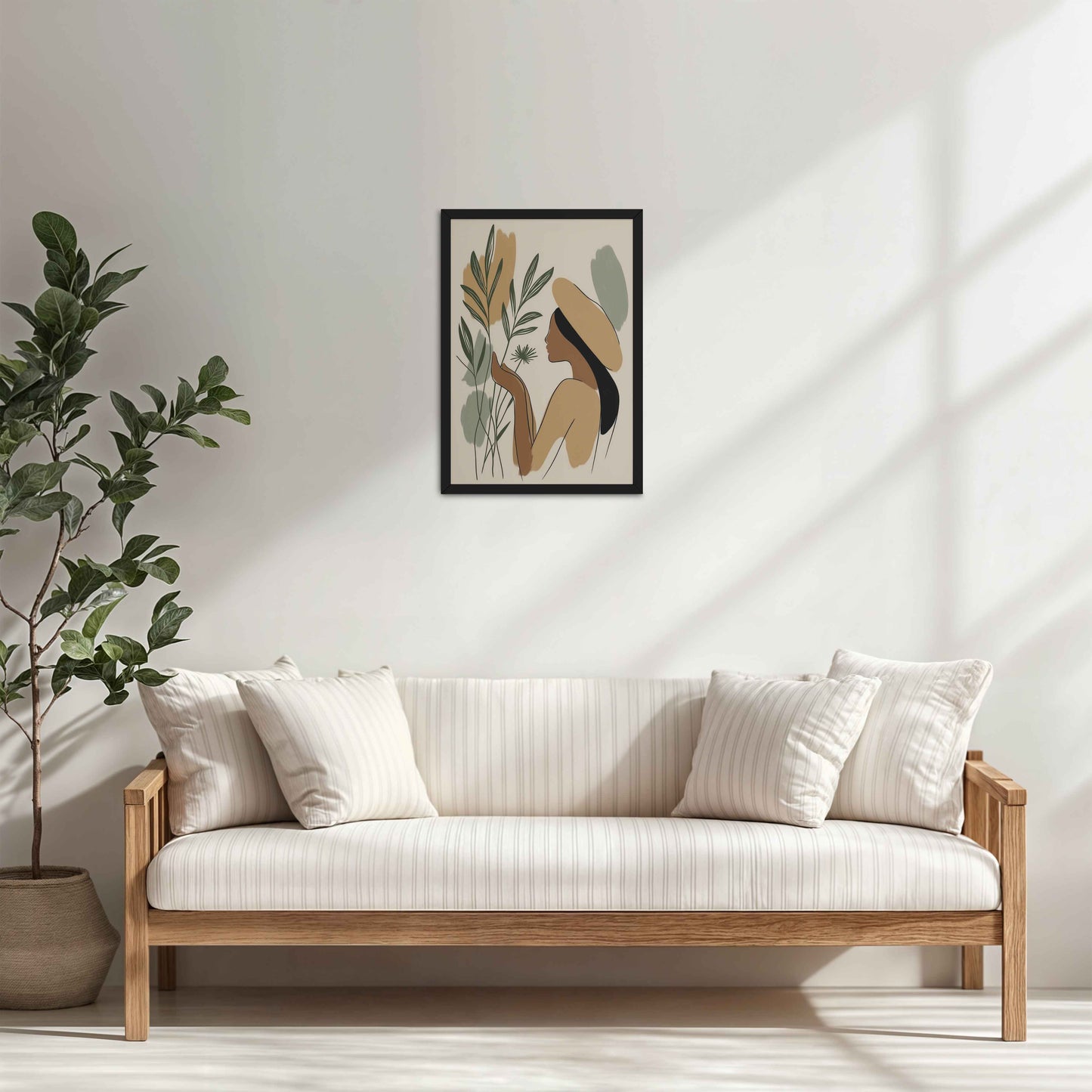 Living Room Cabinet Table Preview of Leafy Accents – Elegant Woman Line Drawing in Black Color Frame