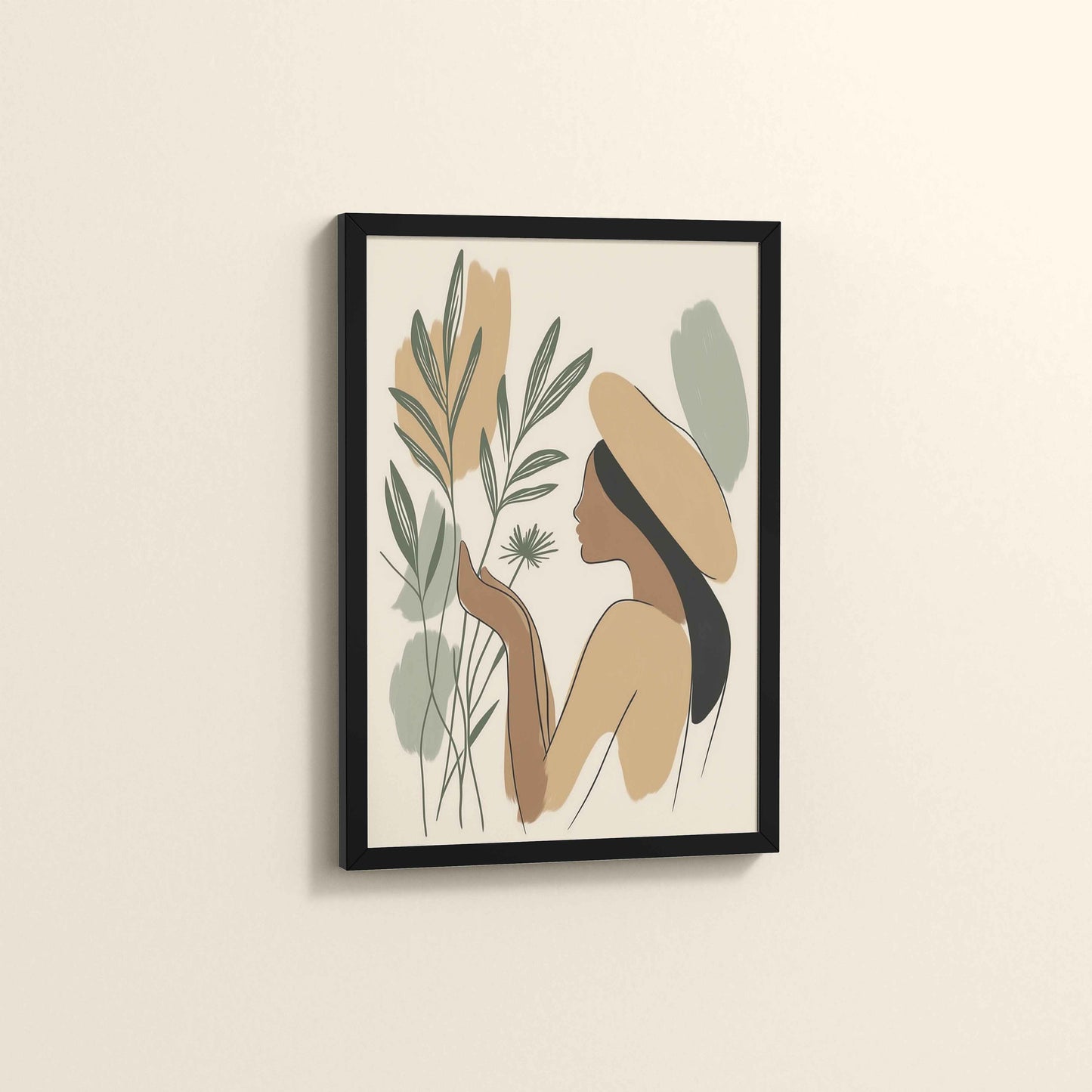 Side View of Leafy Accents – Elegant Woman Line Drawing in Black Color Frame