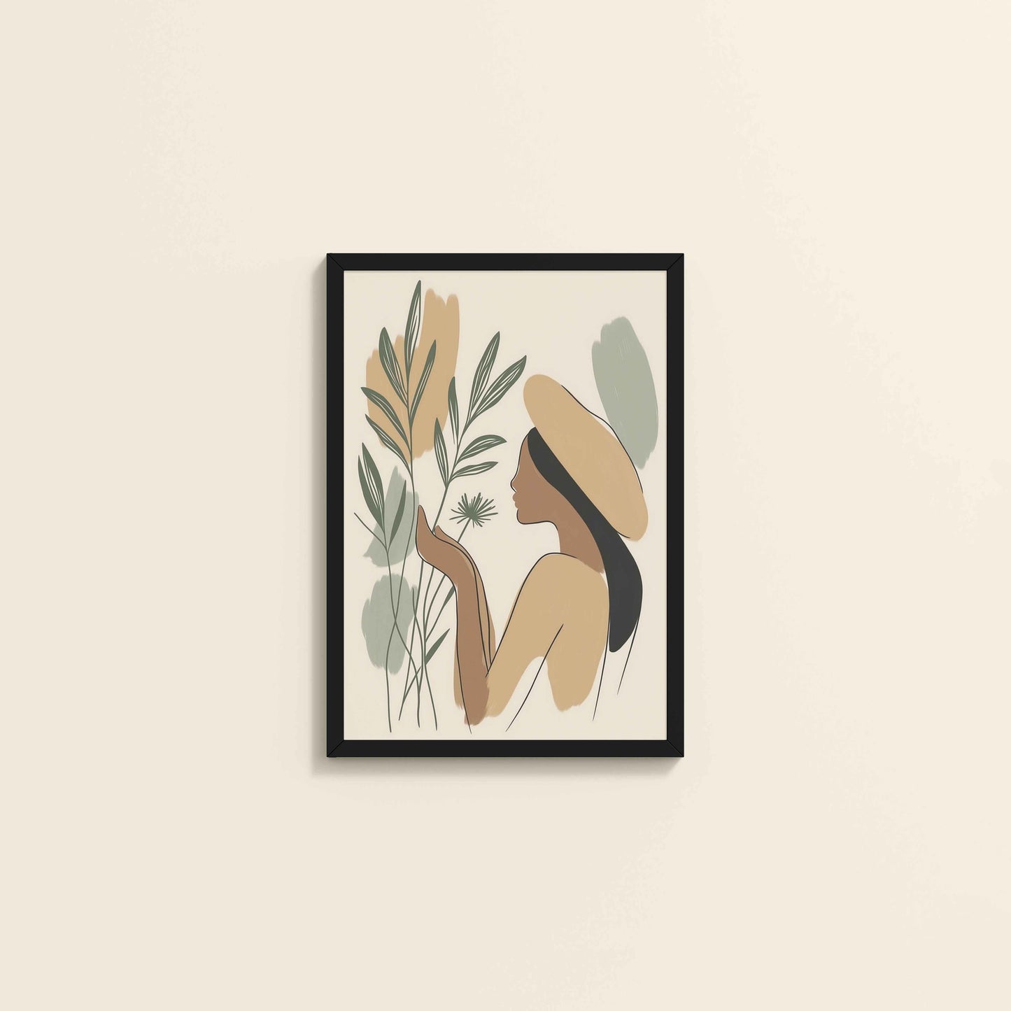 Wall View of Leafy Accents – Elegant Woman Line Drawing in Black Color Frame