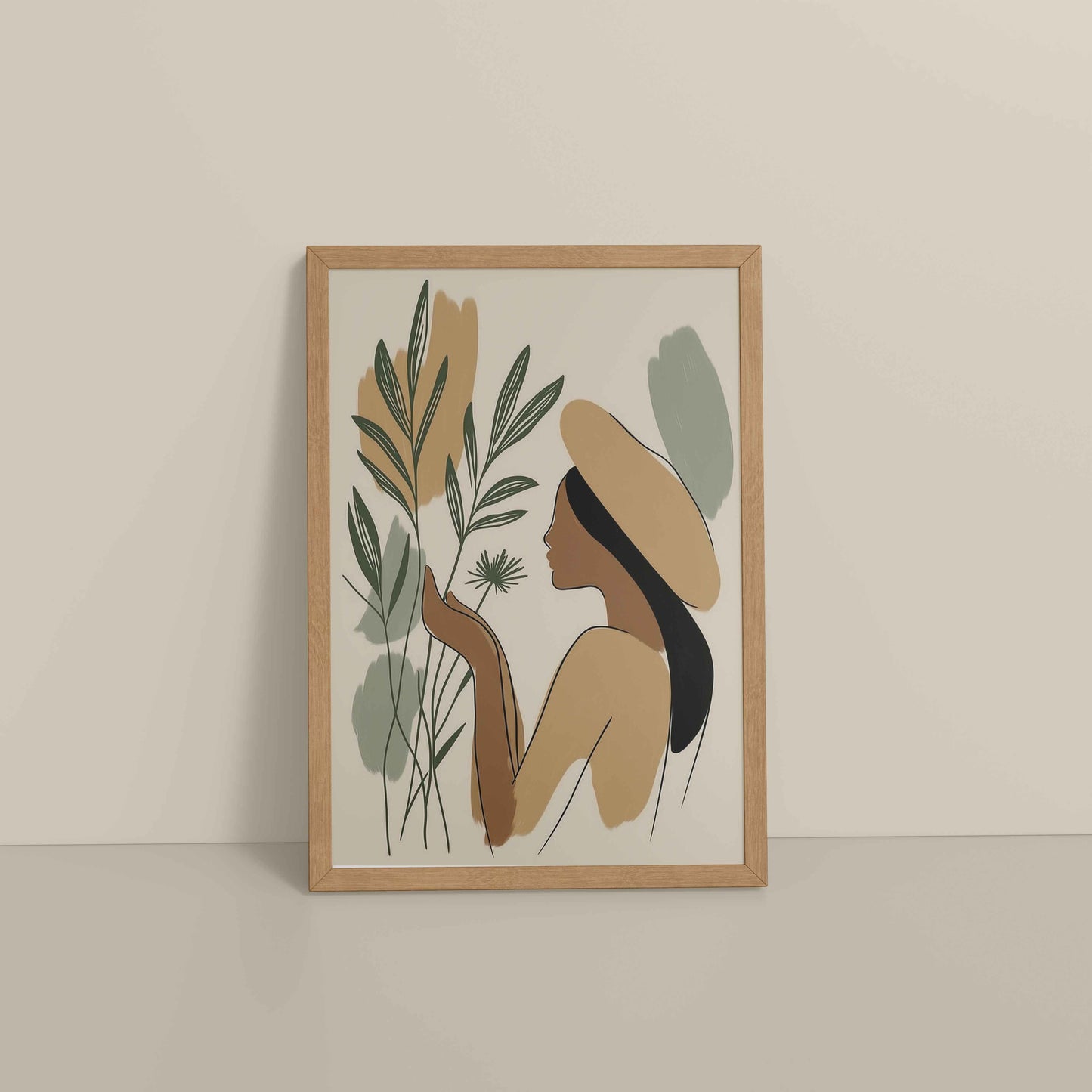 Floor View of Leafy Accents – Elegant Woman Line Drawing in Natrual Color Frame