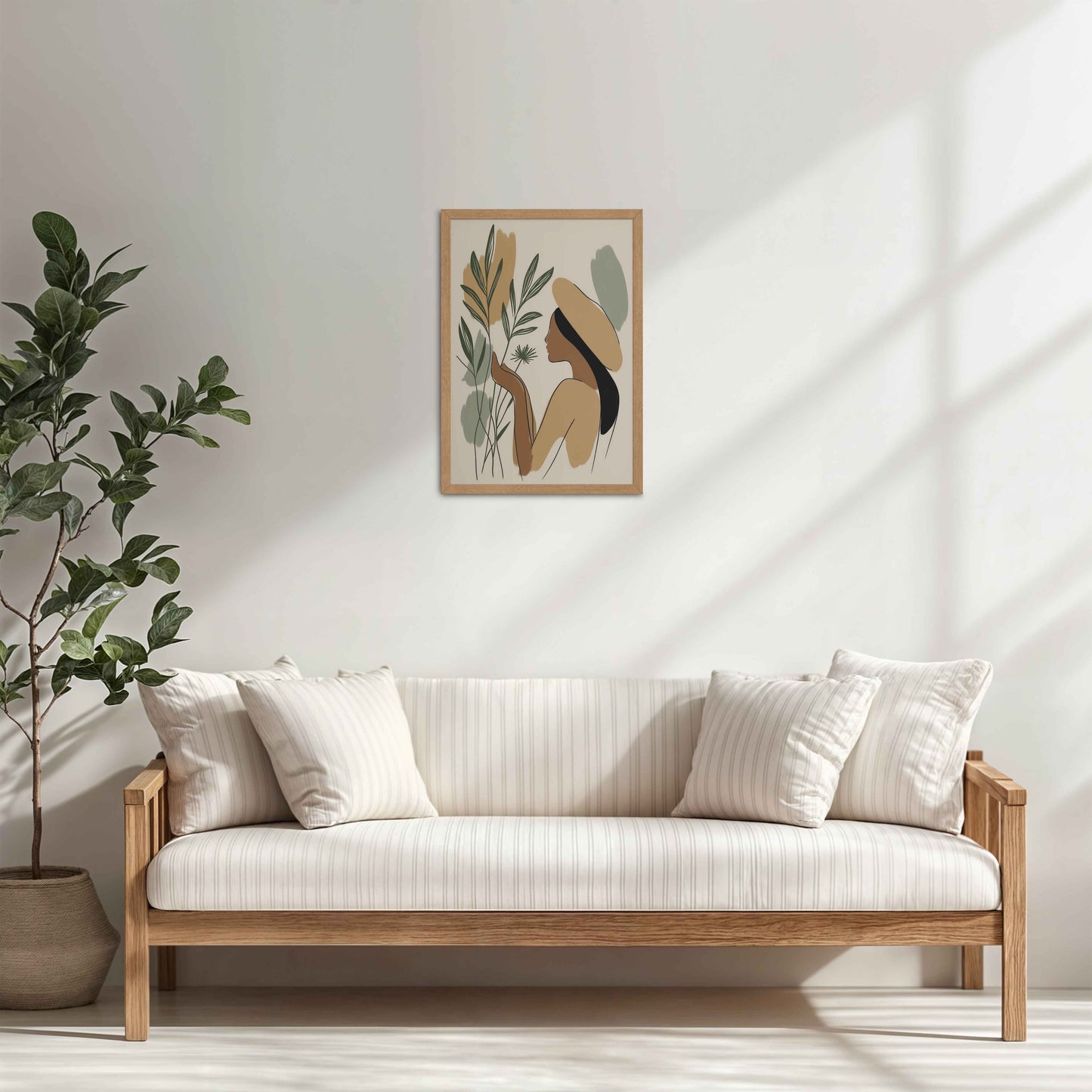 Living Room Cabinet Table Preview of Leafy Accents – Elegant Woman Line Drawing in Natrual Color Frame