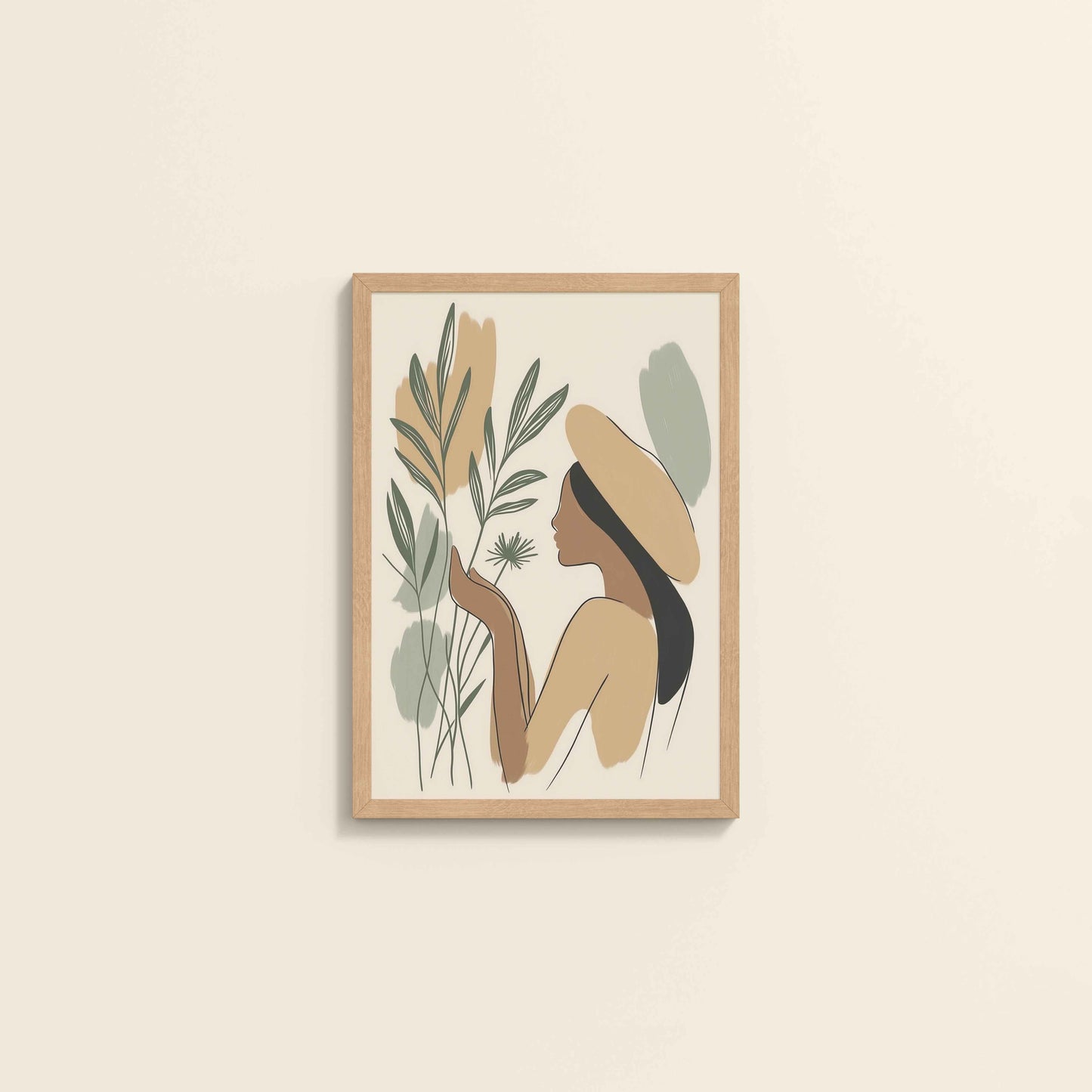 Wall View of Leafy Accents – Elegant Woman Line Drawing in Natrual Color Frame