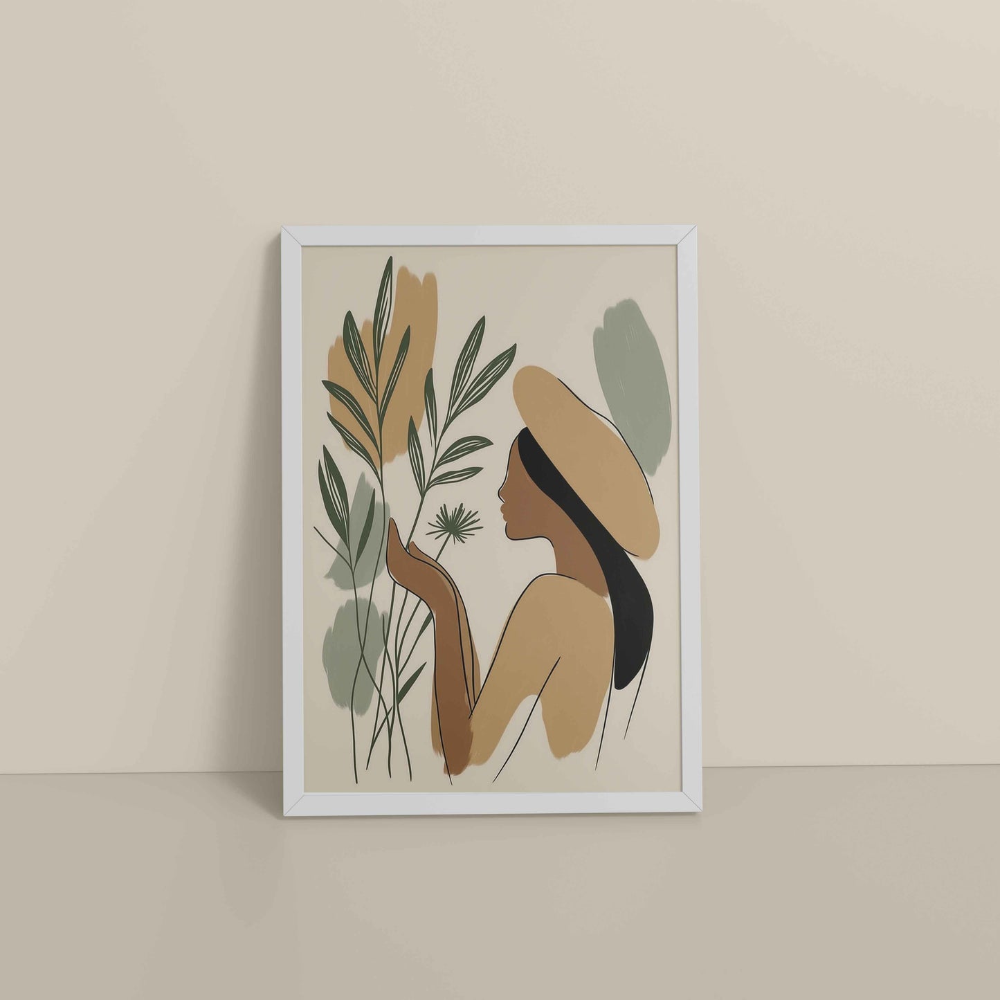 Floor View of Leafy Accents – Elegant Woman Line Drawing in White Color Frame