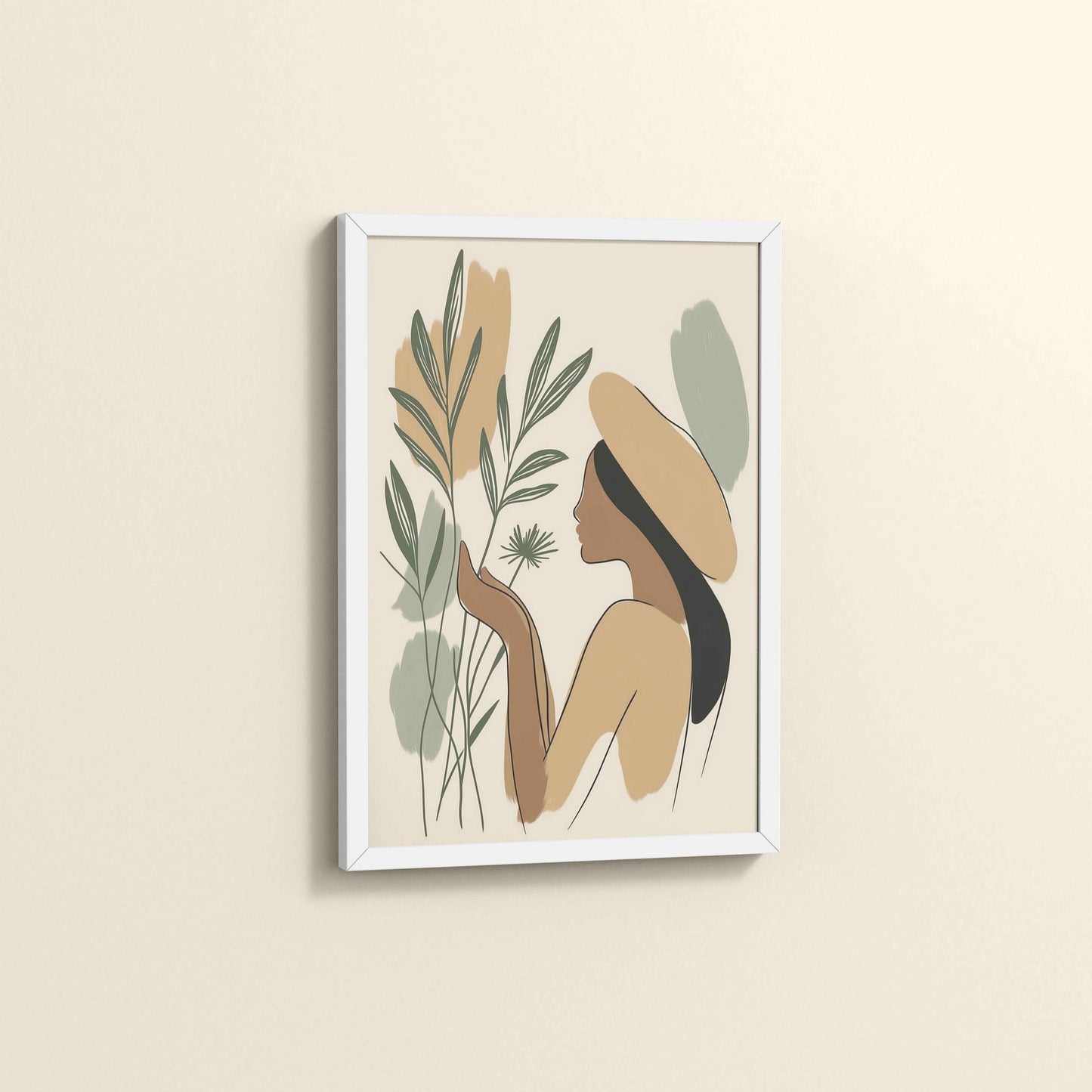 Side View of Leafy Accents – Elegant Woman Line Drawing in White Color Frame