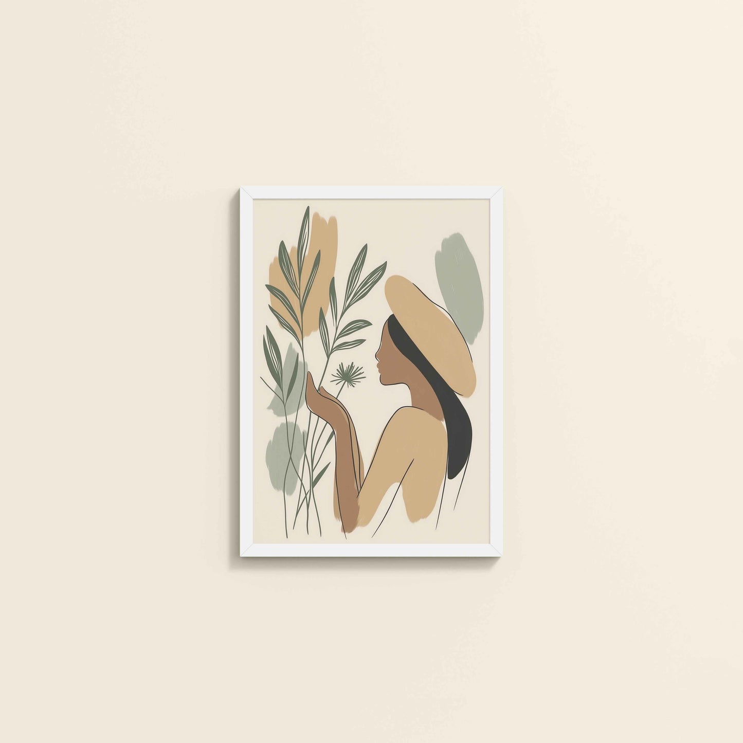 Wall View of Leafy Accents – Elegant Woman Line Drawing in White Color Frame