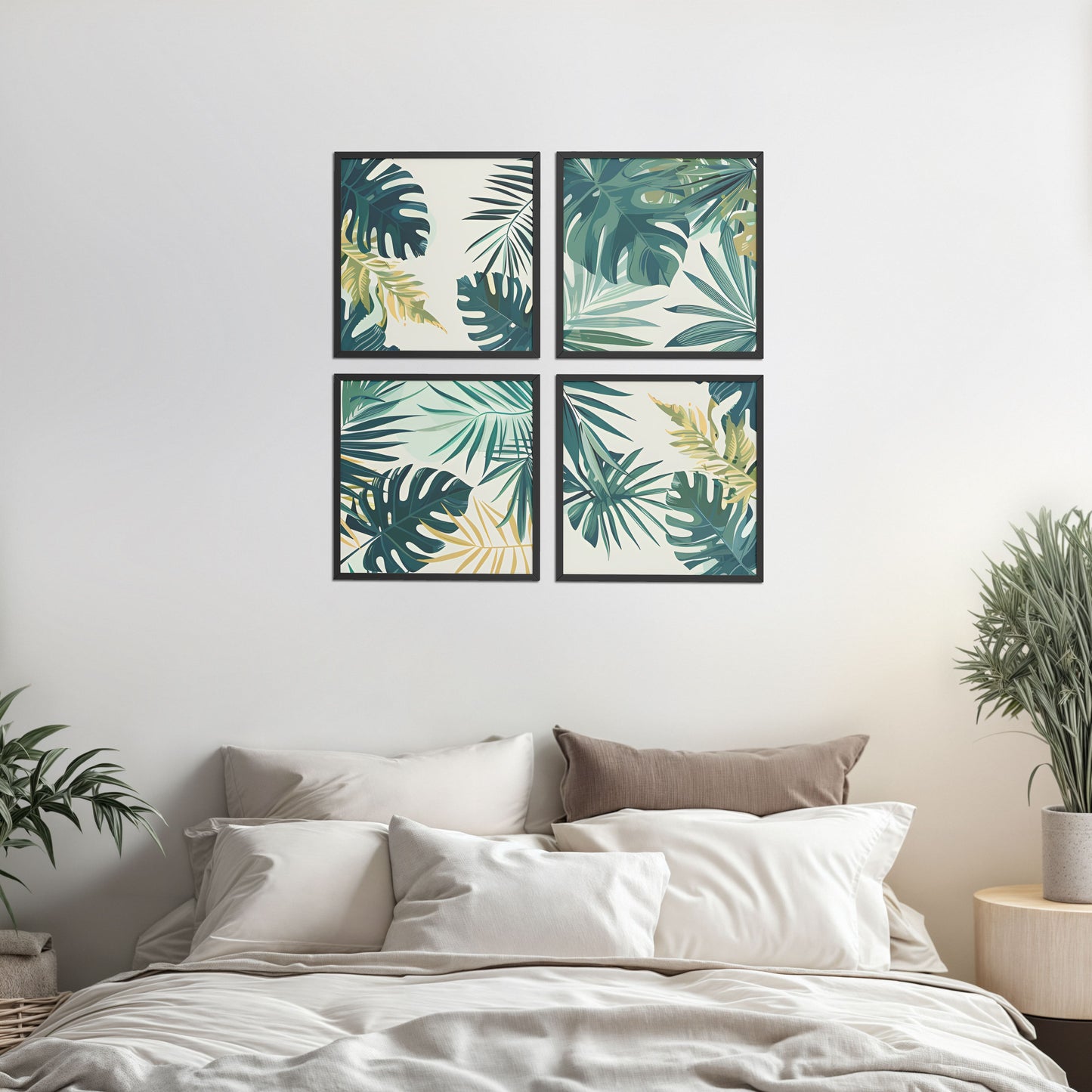 Bed Room Preview of Tropical Green Leaves Wall Art Frames Set of 4 in Black Color Frame