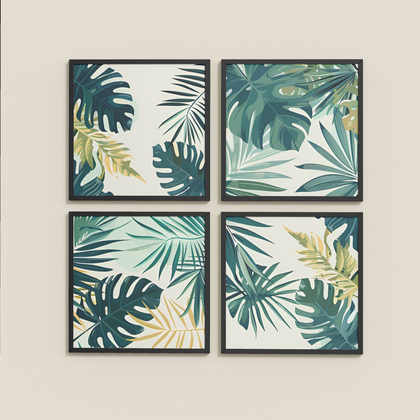 Wall View of Tropical Green Leaves Wall Art Frames Set of 4 in Black Color Frame