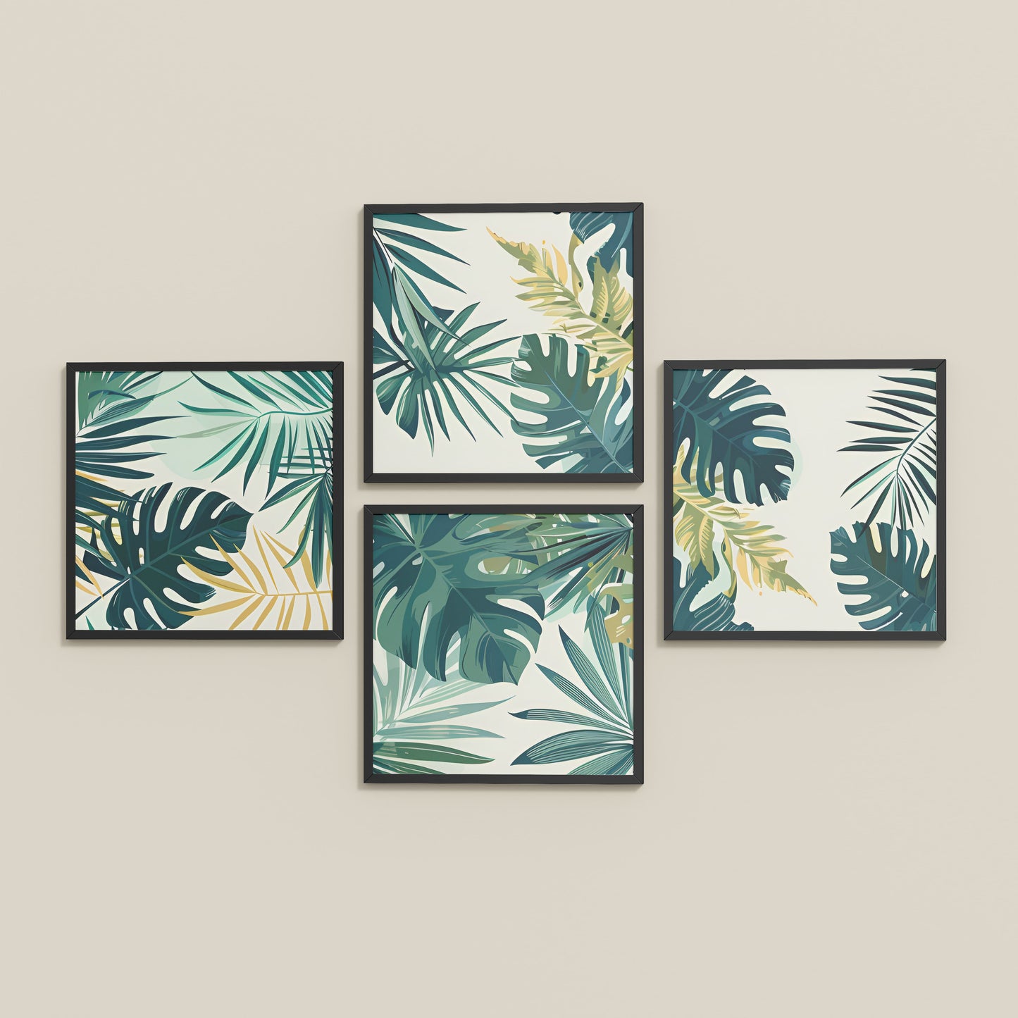 Inclined Floor View of Tropical Green Leaves Wall Art Frames Set of 4 in Black Color Frame