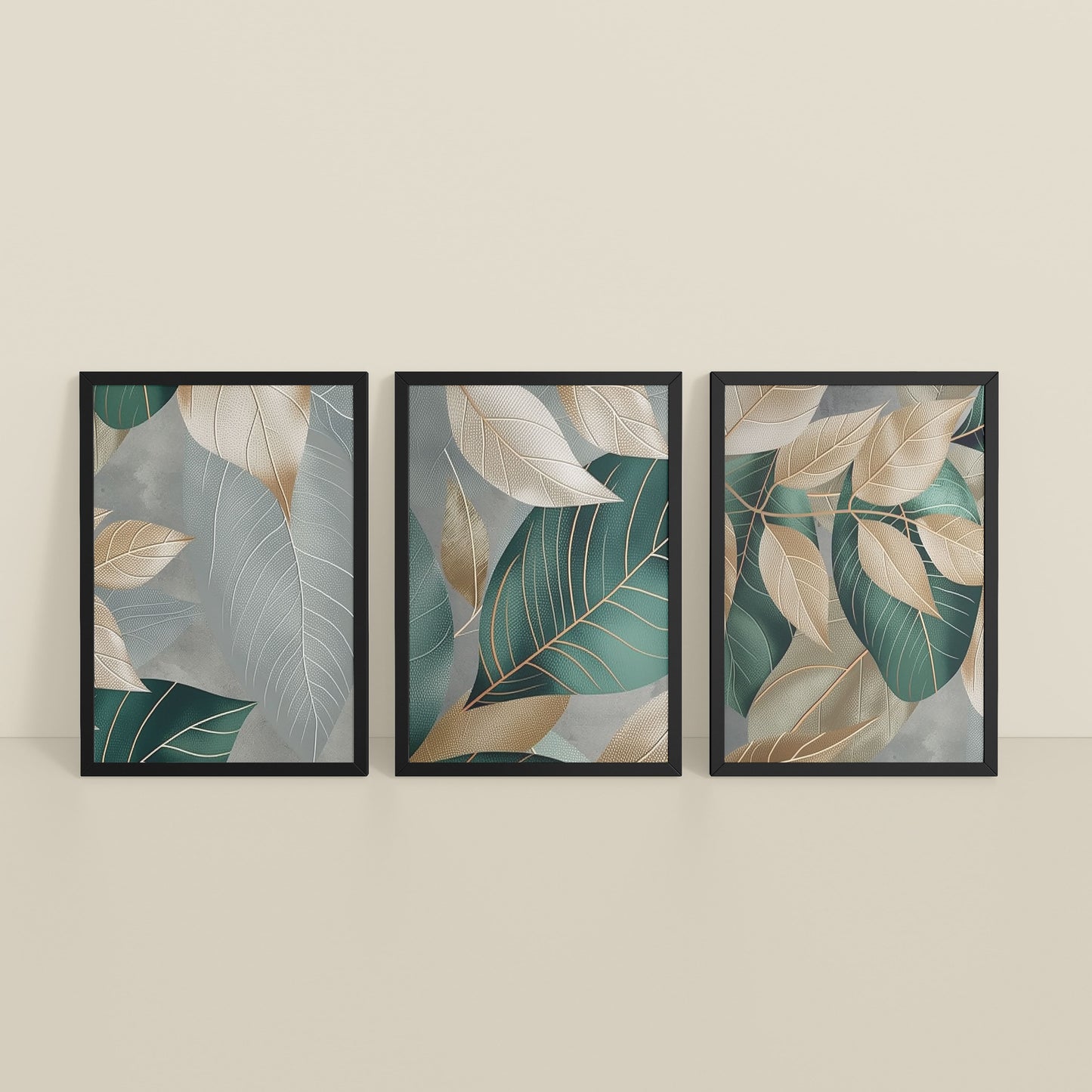 Inclined Floor View of Botanical Flow – Modern Leaves Abstract Art Set of 3 in Black Color Frame
