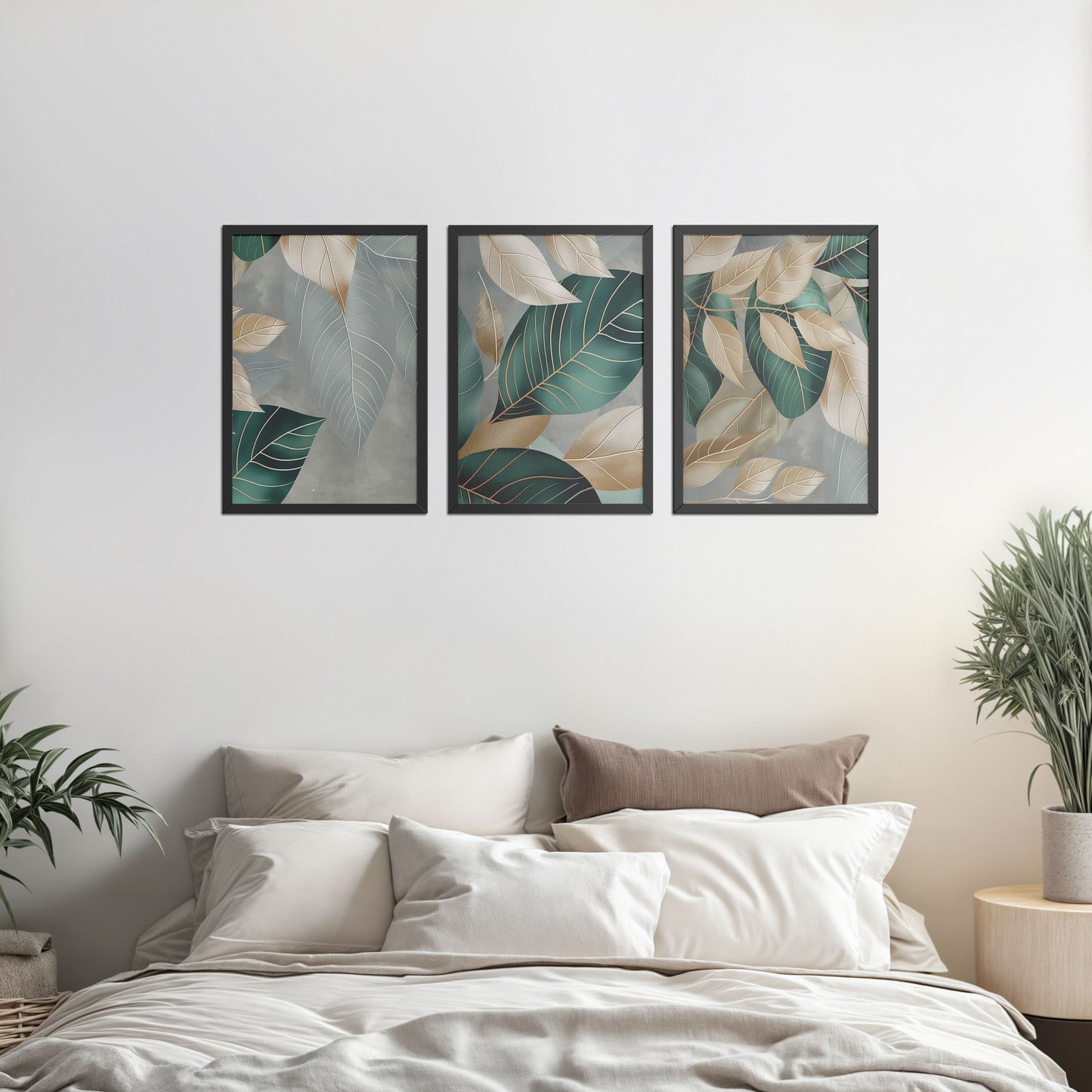 Bed Room Preview of Botanical Flow – Modern Leaves Abstract Art Set of 3 in Black Color Frame