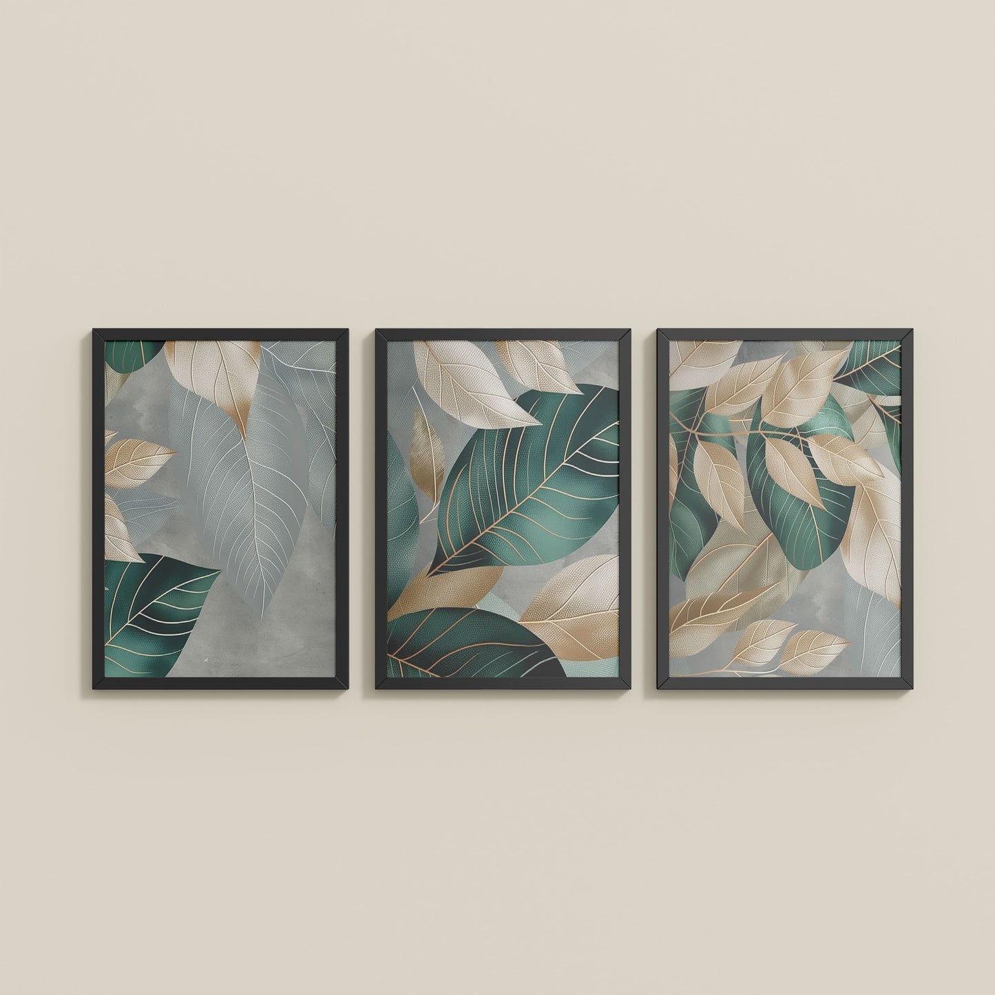 Wall View of Botanical Flow – Modern Leaves Abstract Art Set of 3 in Black Color Frame