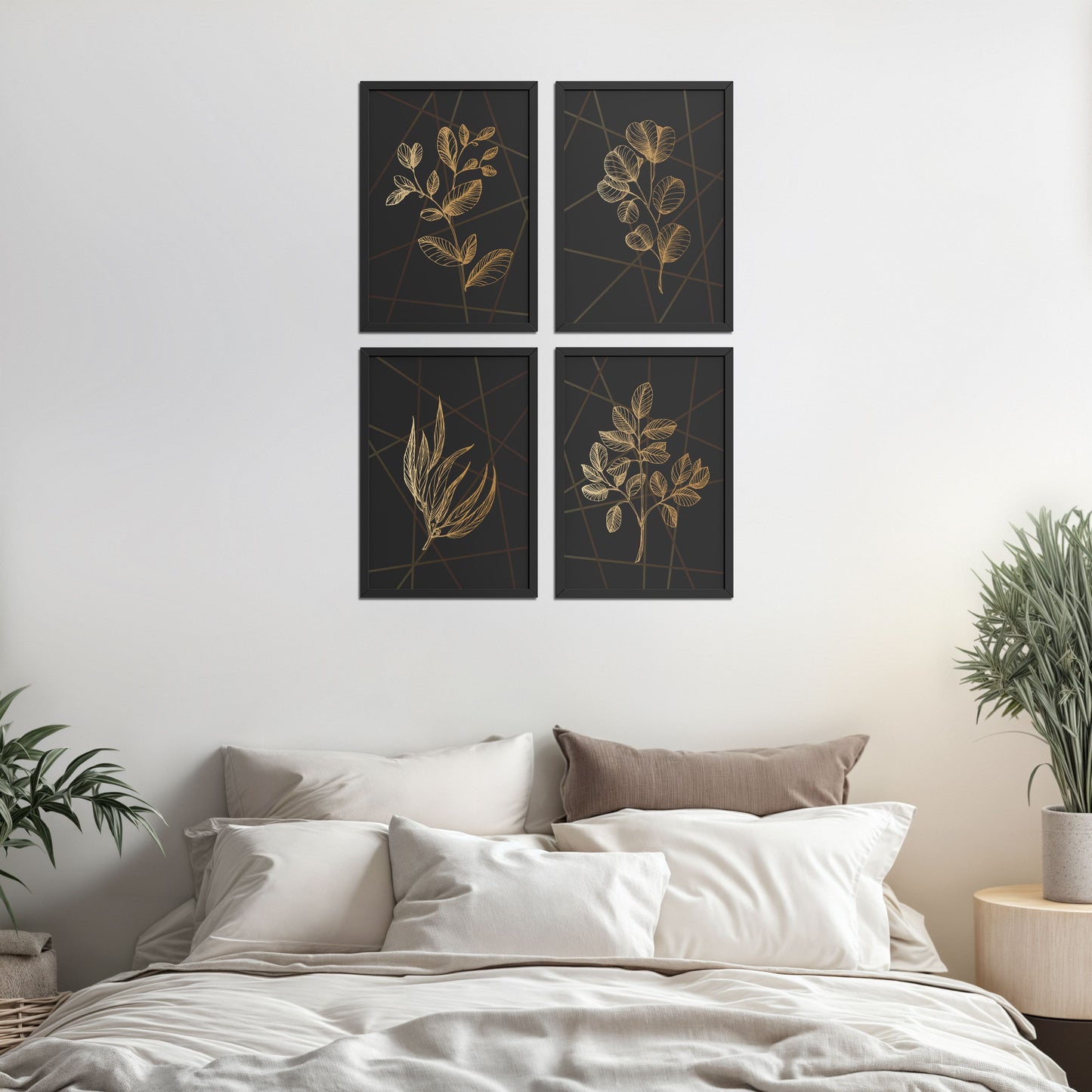 Bed Room Preview of Golden Botanical Abstract Plant Wall Art Set of 4 in Black Color Frame