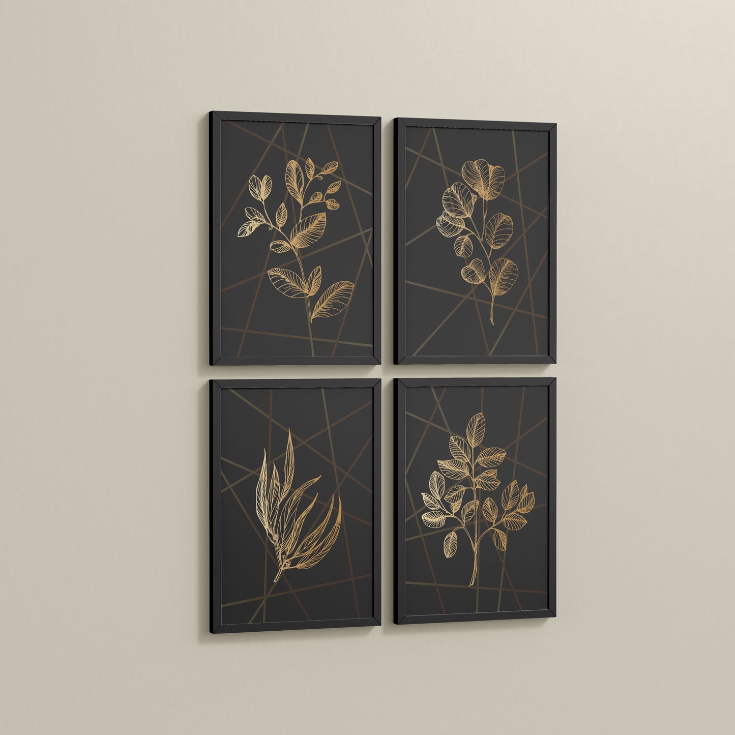 Side View of Golden Botanical Abstract Plant Wall Art Set of 4 in Black Color Frame
