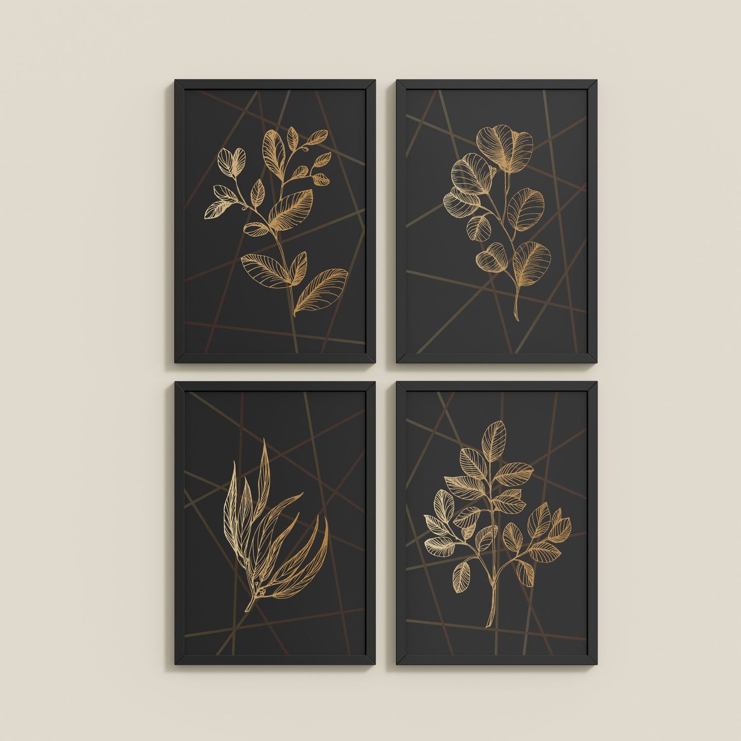 Wall View of Golden Botanical Abstract Plant Wall Art Set of 4 in Black Color Frame