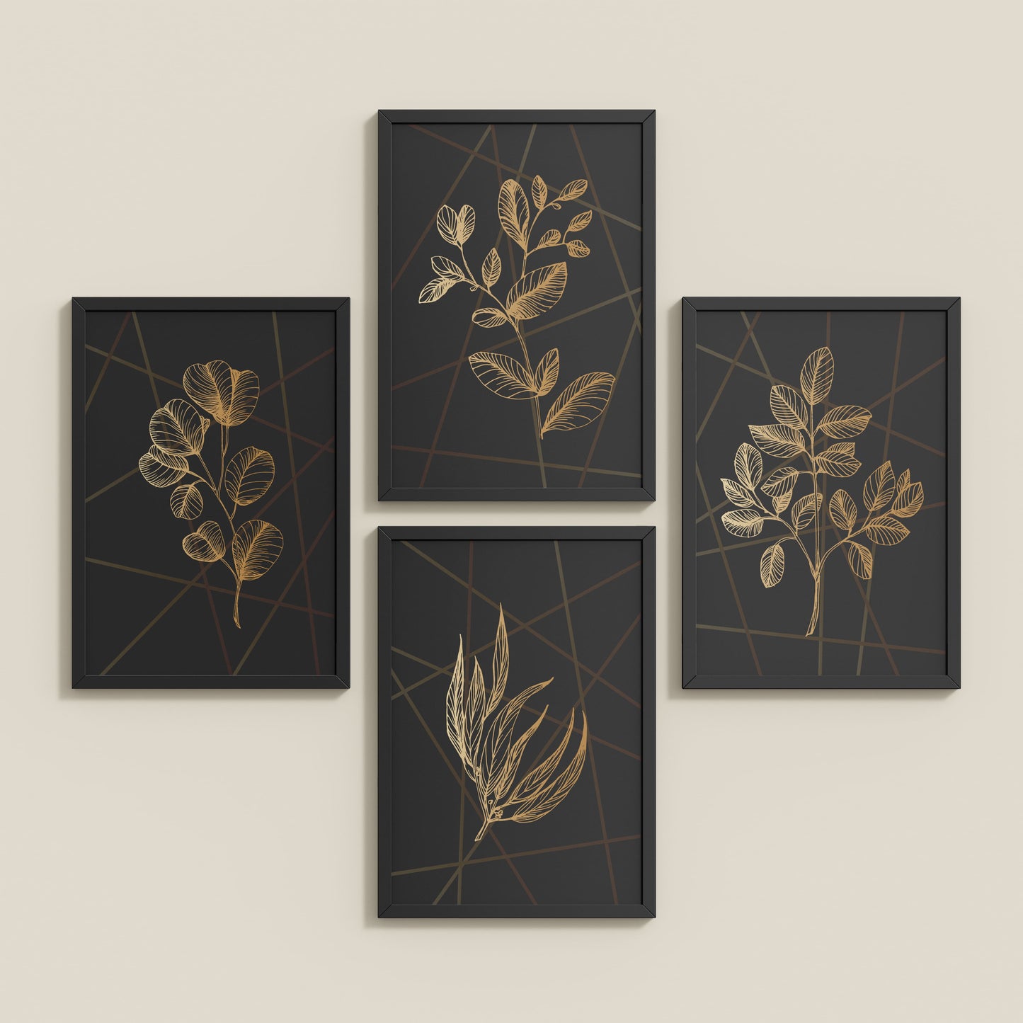 Inclined Floor View of Golden Botanical Abstract Plant Wall Art Set of 4 in Black Color Frame