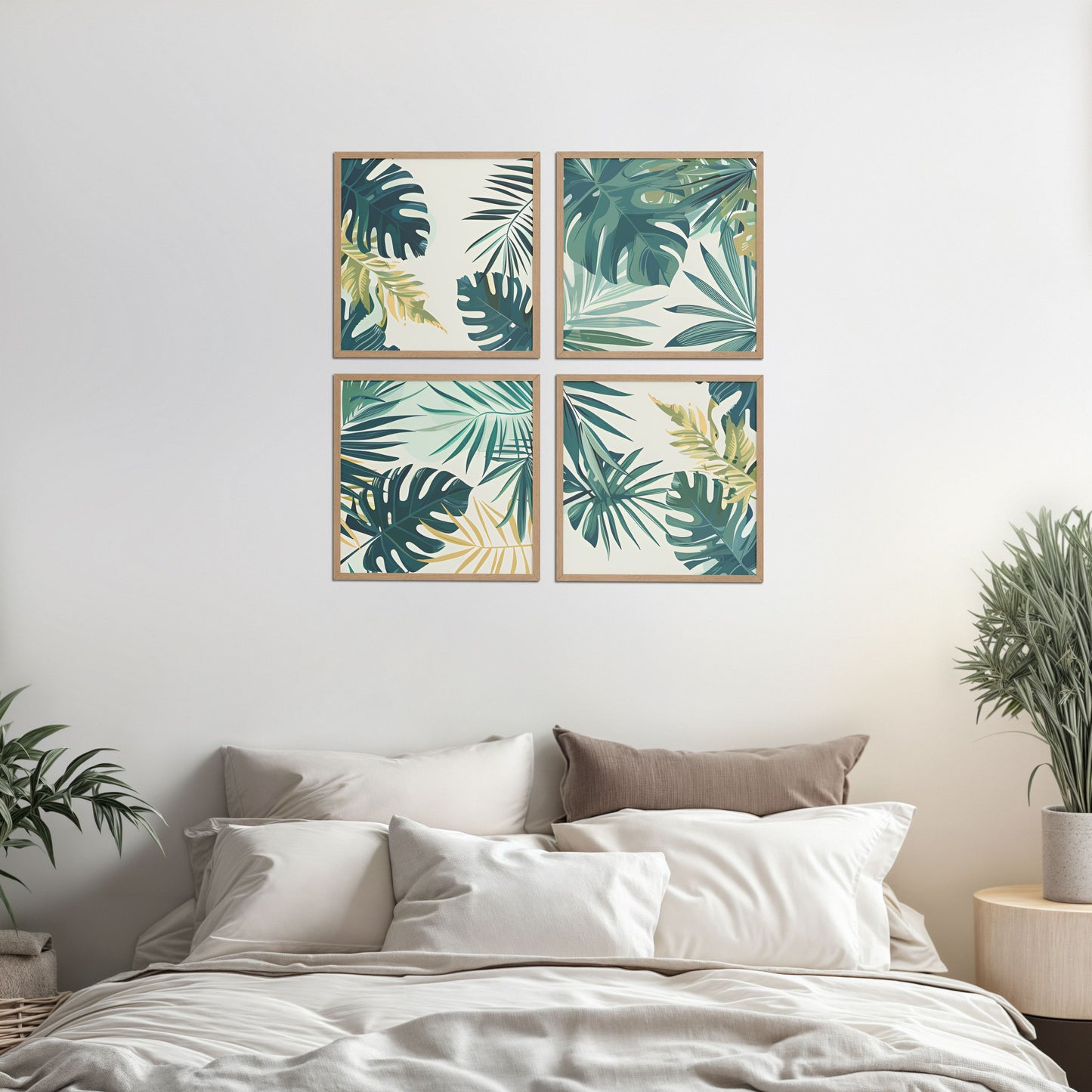 Bed Room Preview of Tropical Green Leaves Wall Art Frames Set of 4 in Natrual Color Frame