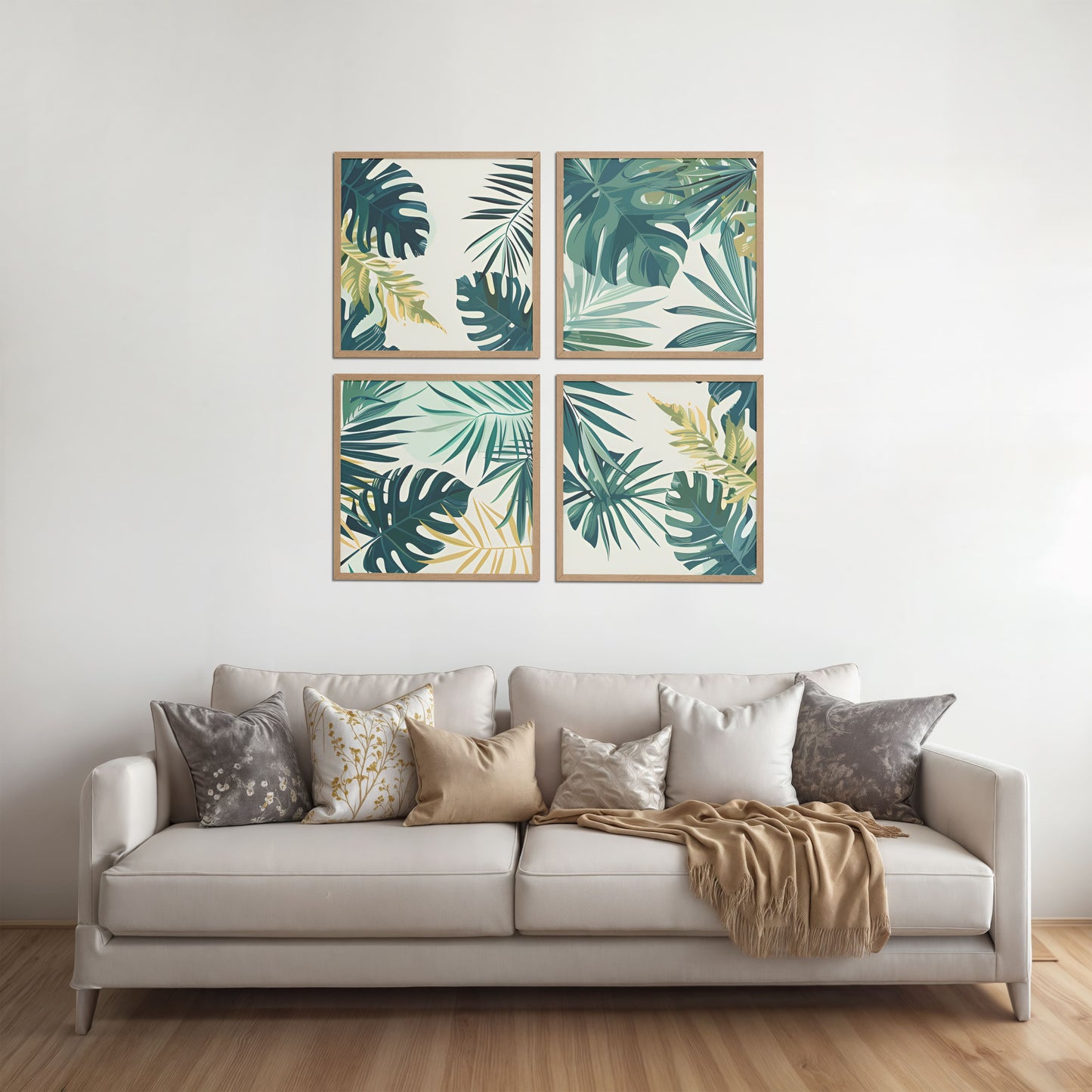 Living Room Sofa Preview of Tropical Green Leaves Wall Art Frames Set of 4 in Natrual Color Frame