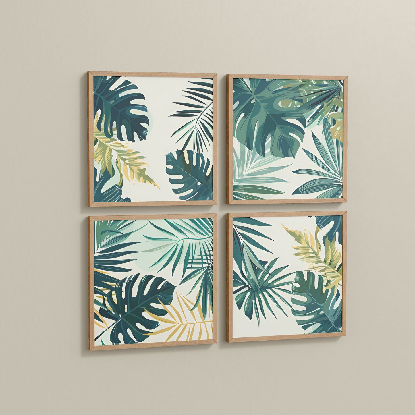 Side View of Tropical Green Leaves Wall Art Frames Set of 4 in Natrual Color Frame