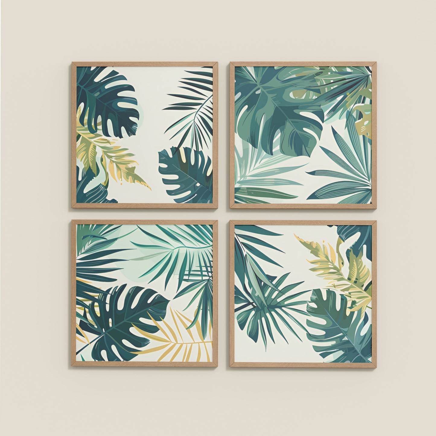 Wall View of Tropical Green Leaves Wall Art Frames Set of 4 in Natrual Color Frame