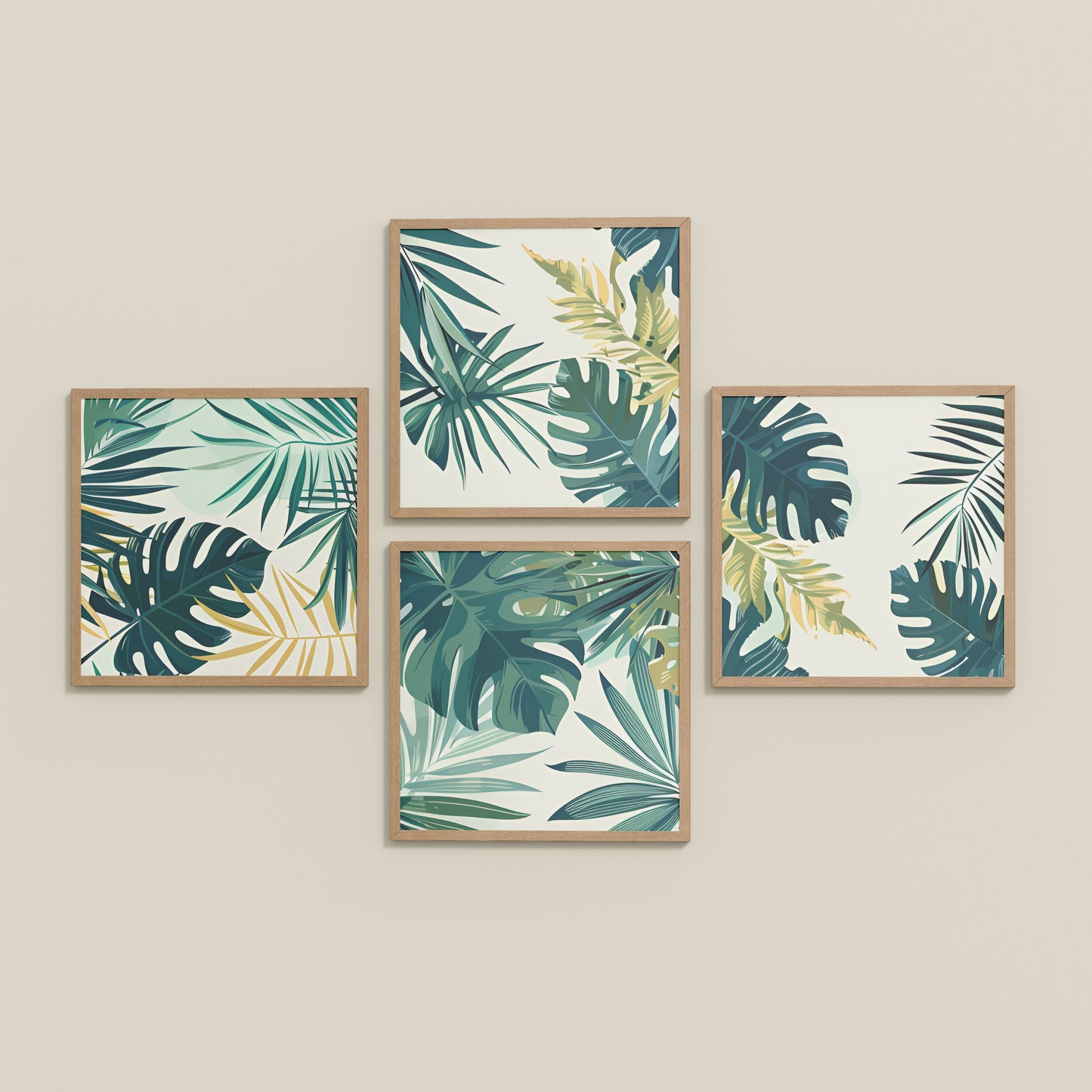 Inclined Floor View of Tropical Green Leaves Wall Art Frames Set of 4 in Natrual Color Frame