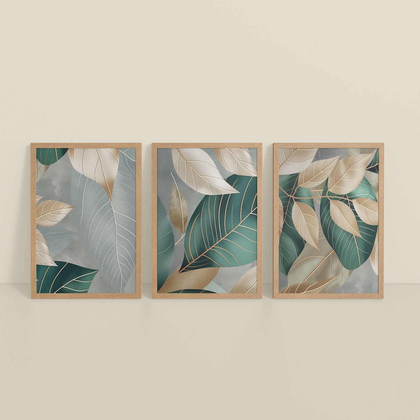 Inclined Floor View of Botanical Flow – Modern Leaves Abstract Art Set of 3 in Natrual Color Frame
