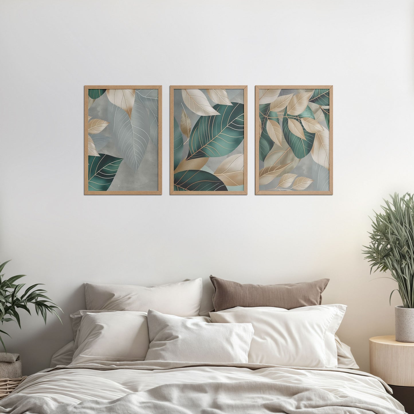Bed Room Preview of Botanical Flow – Modern Leaves Abstract Art Set of 3 in Natrual Color Frame