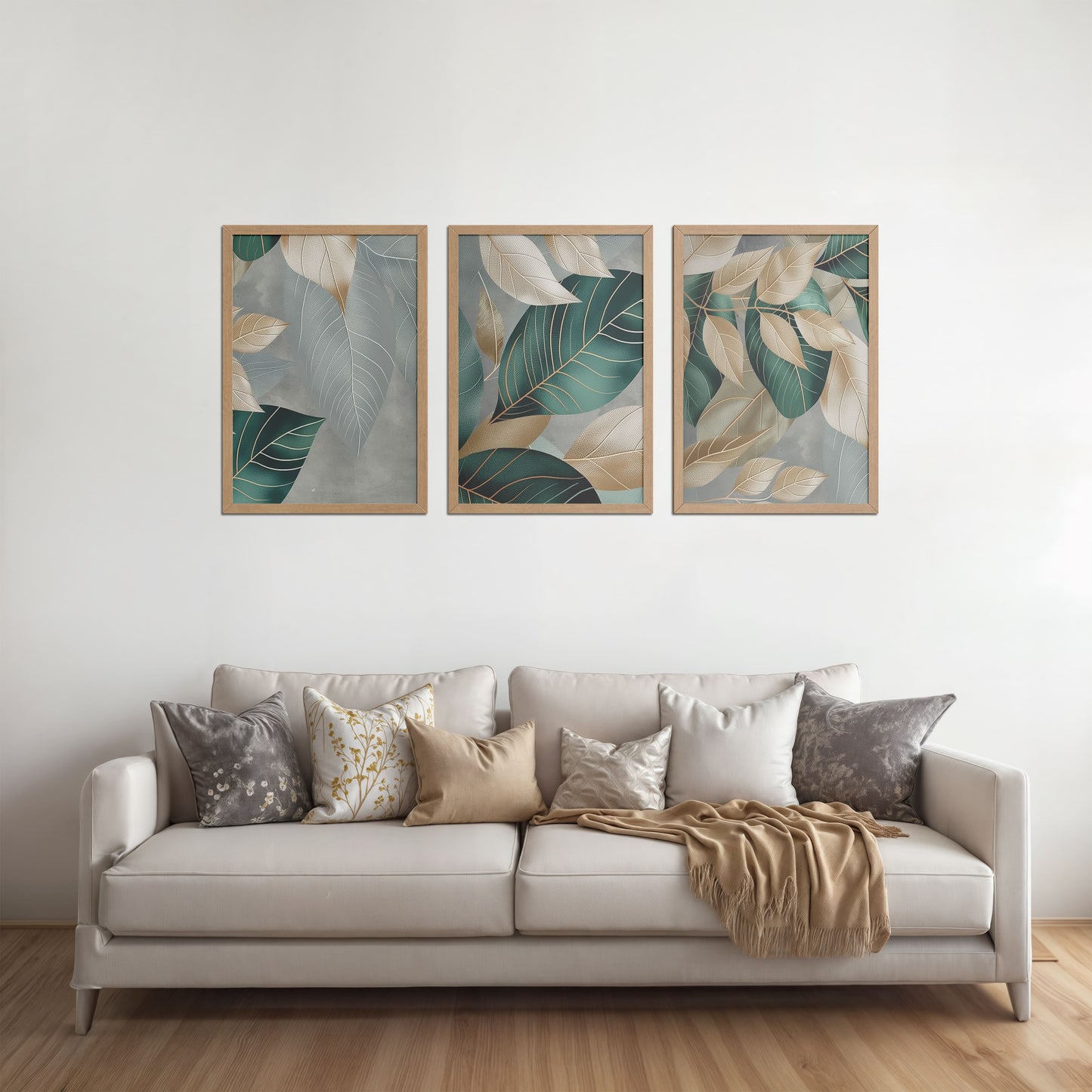 Living Room Sofa Preview of Botanical Flow – Modern Leaves Abstract Art Set of 3 in Natrual Color Frame