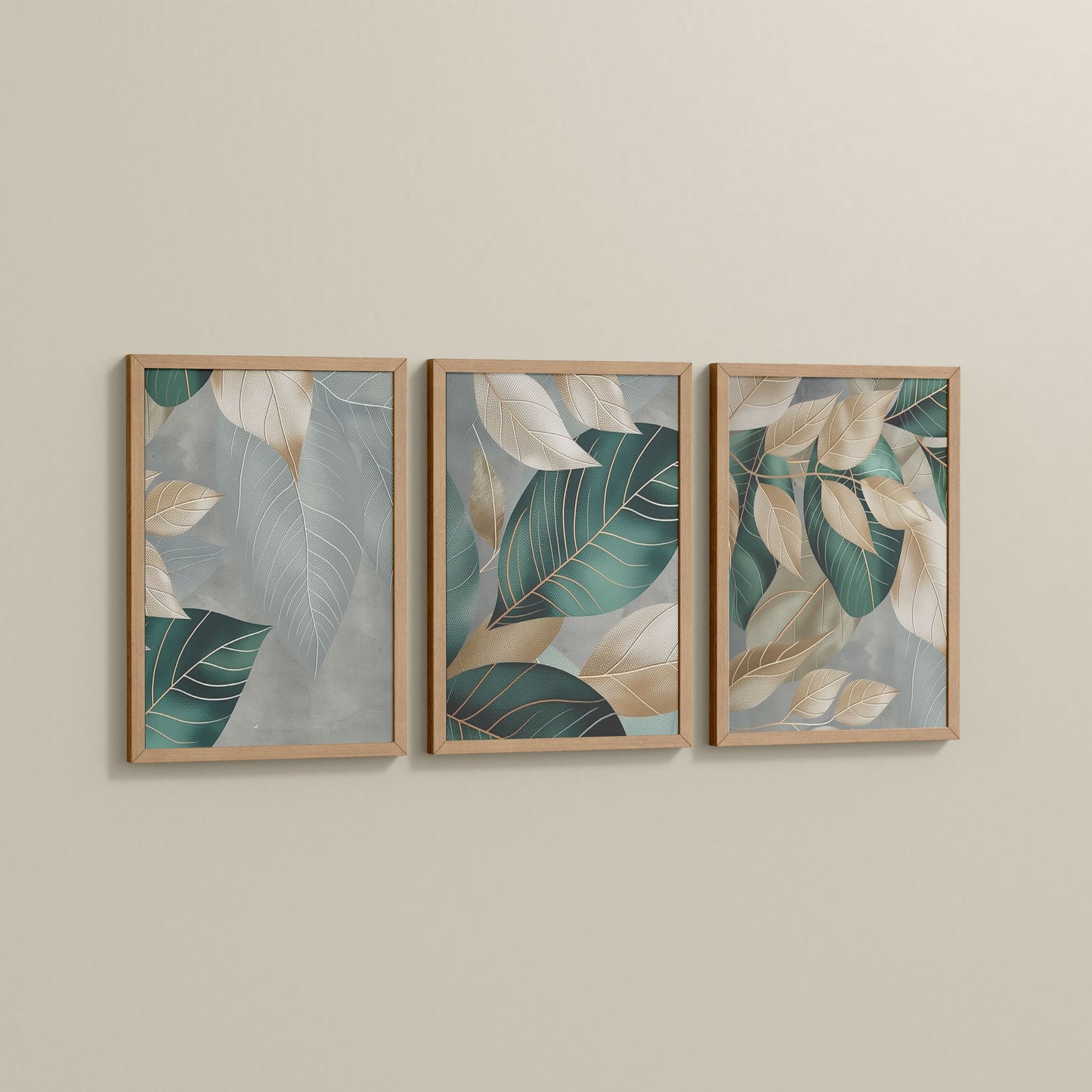 Side View of Botanical Flow – Modern Leaves Abstract Art Set of 3 in Natrual Color Frame