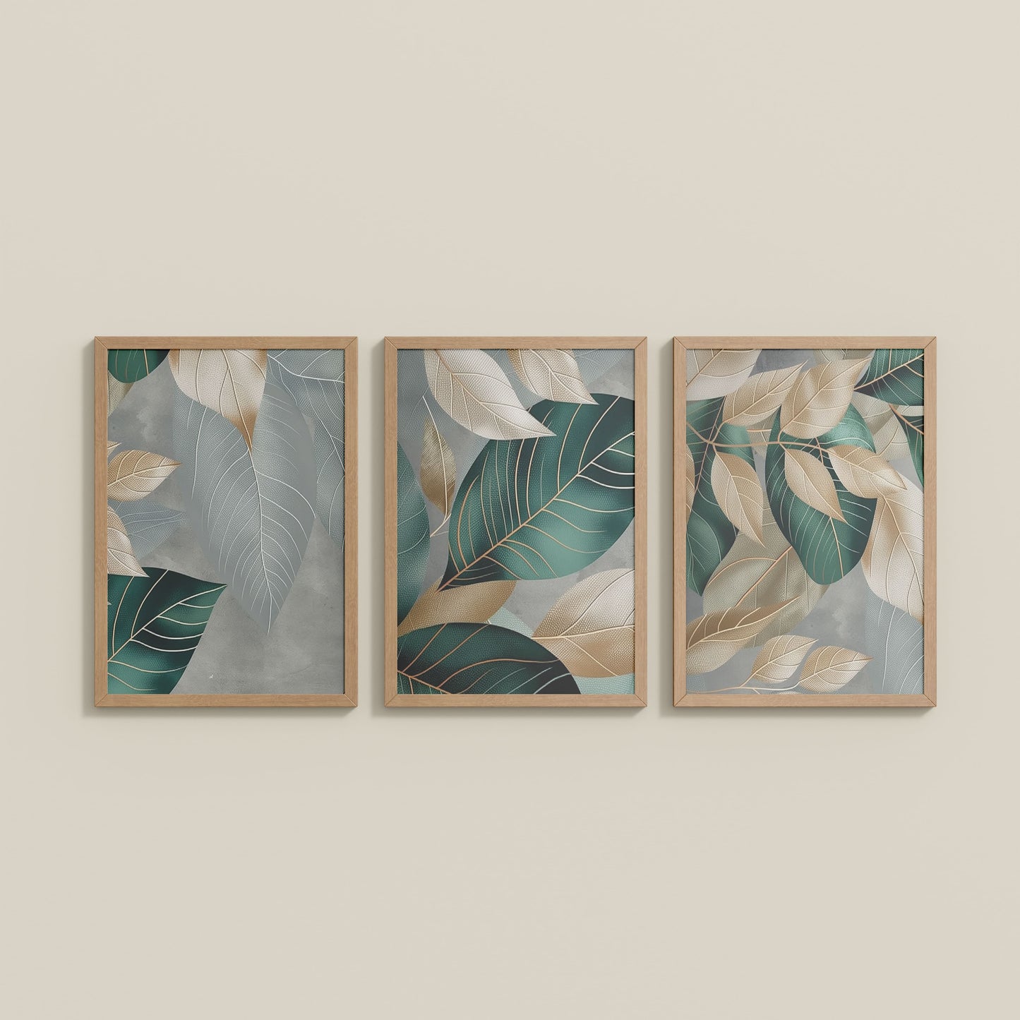 Wall View of Botanical Flow – Modern Leaves Abstract Art Set of 3 in Natrual Color Frame
