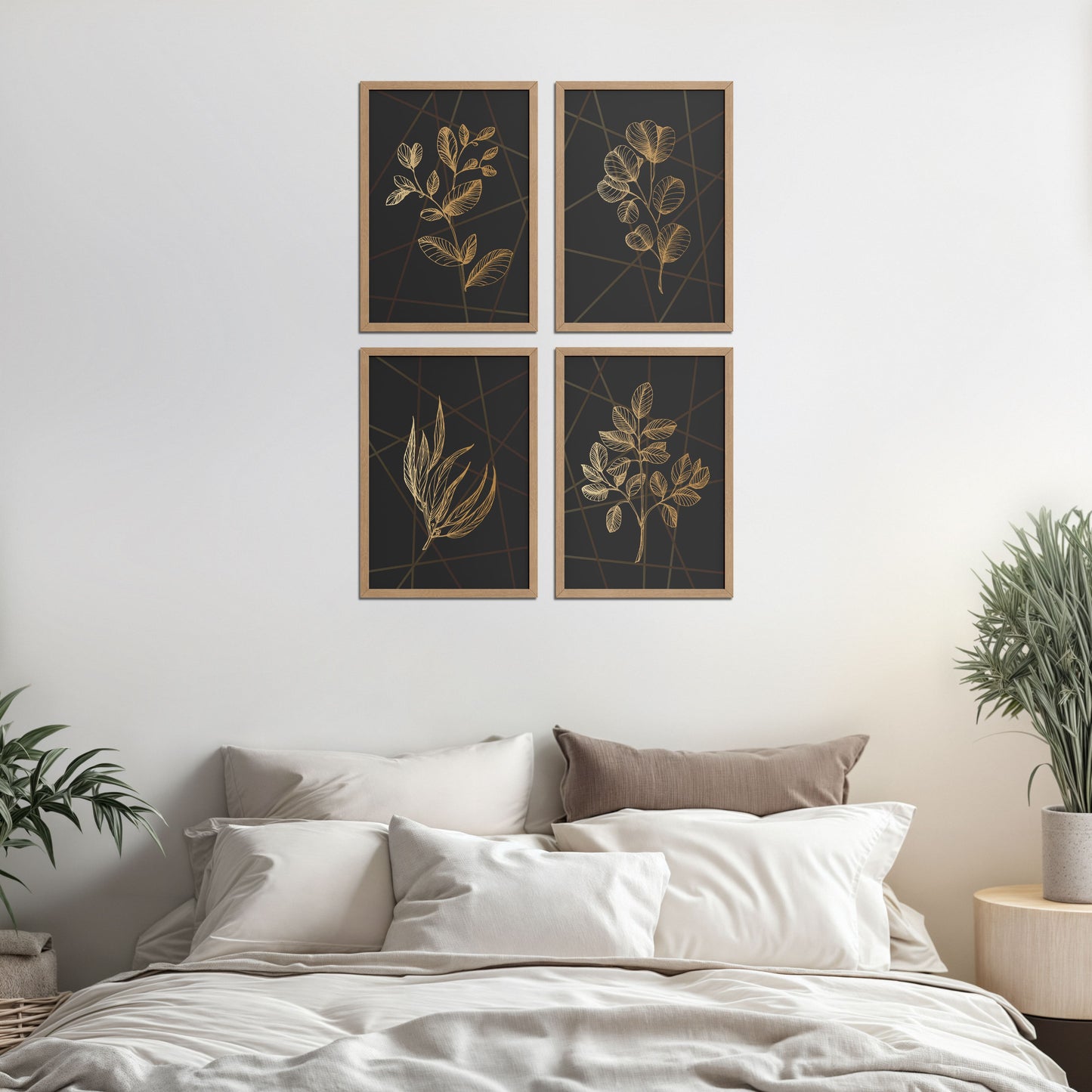 Bed Room Preview of Golden Botanical Abstract Plant Wall Art Set of 4 in Natrual Color Frame