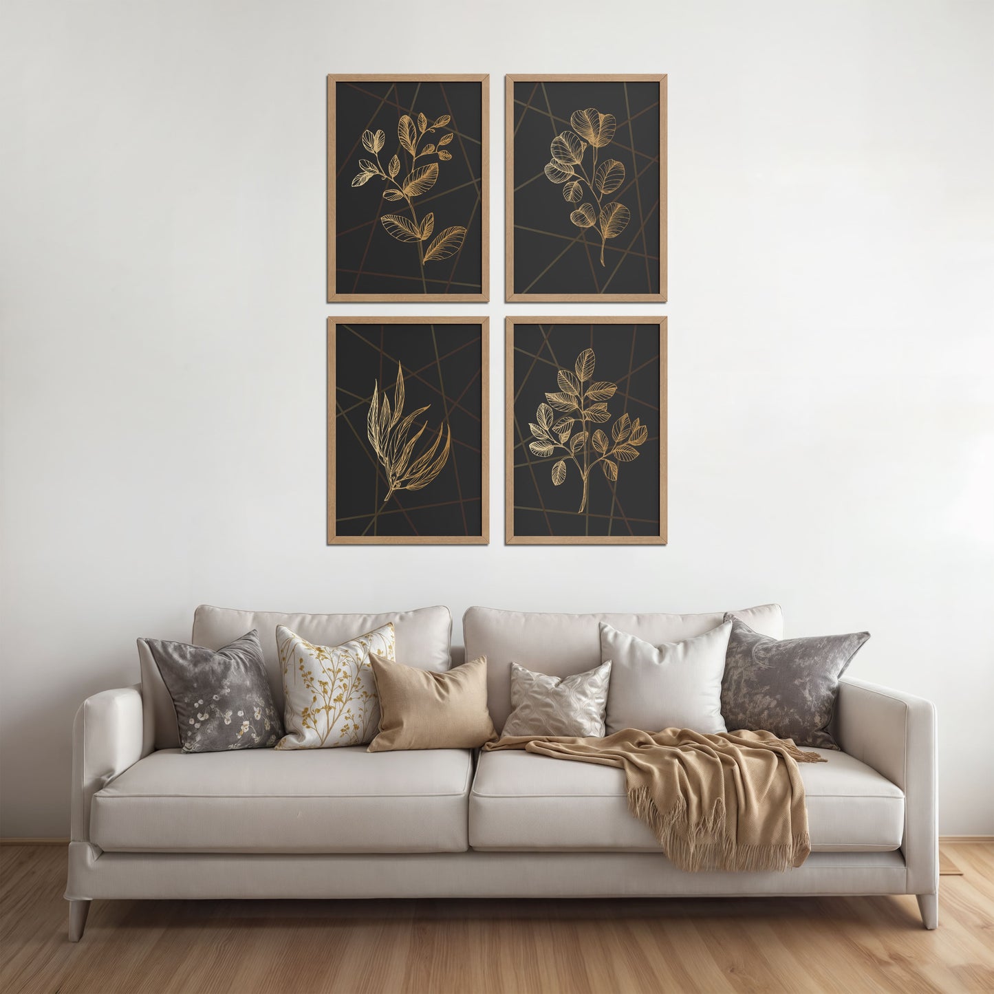 Living Room Sofa Preview of Golden Botanical Abstract Plant Wall Art Set of 4 in Natrual Color Frame