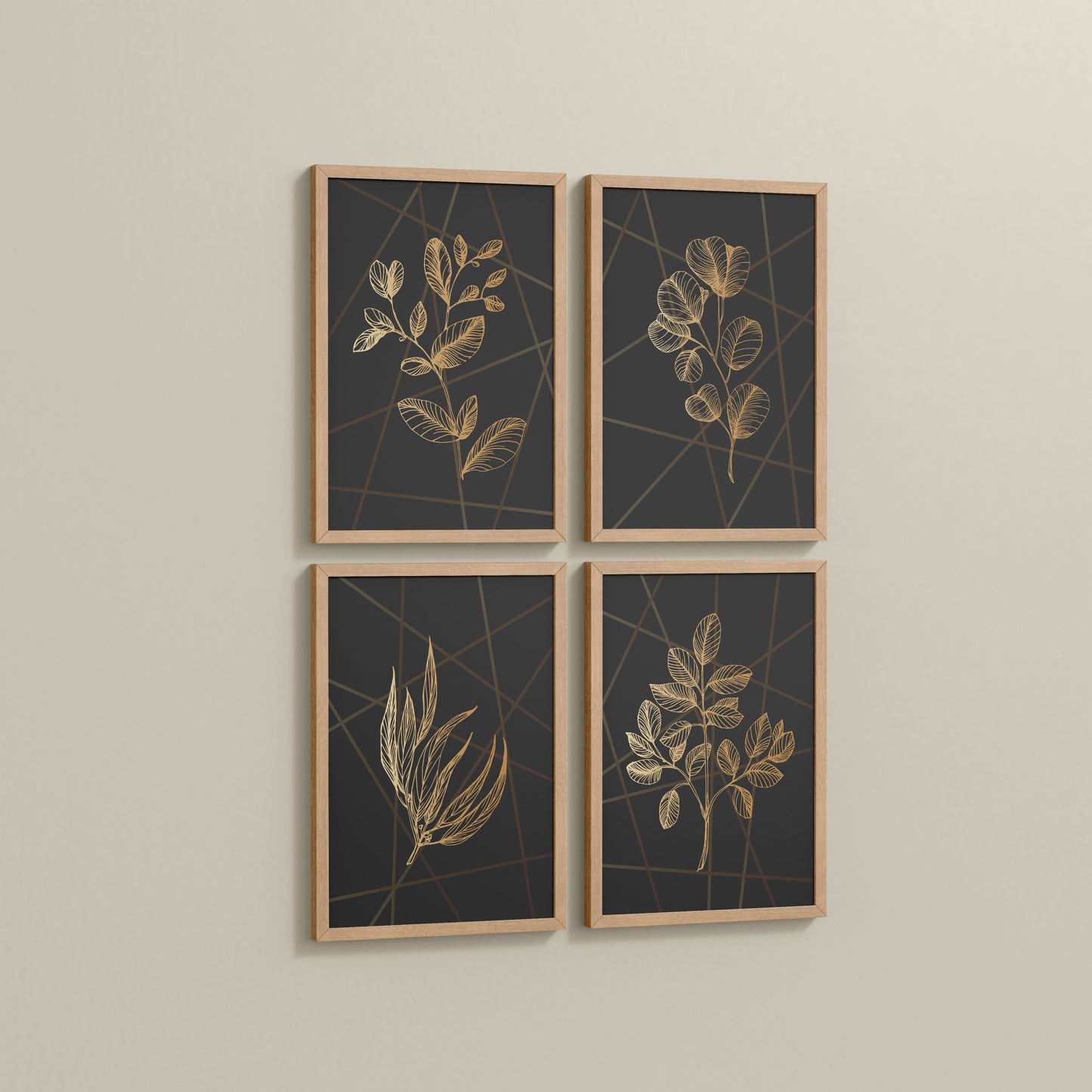 Side View of Golden Botanical Abstract Plant Wall Art Set of 4 in Natrual Color Frame