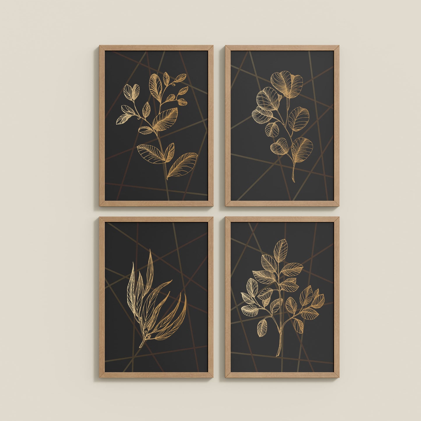 Wall View of Golden Botanical Abstract Plant Wall Art Set of 4 in Natrual Color Frame