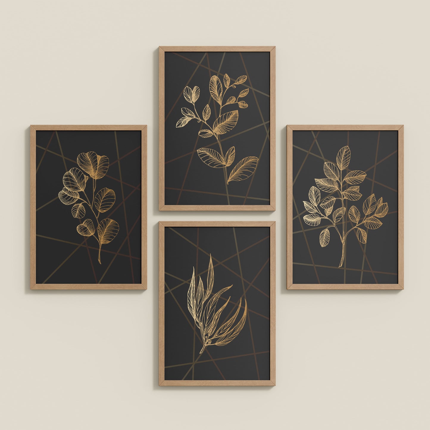Inclined Floor View of Golden Botanical Abstract Plant Wall Art Set of 4 in Natrual Color Frame
