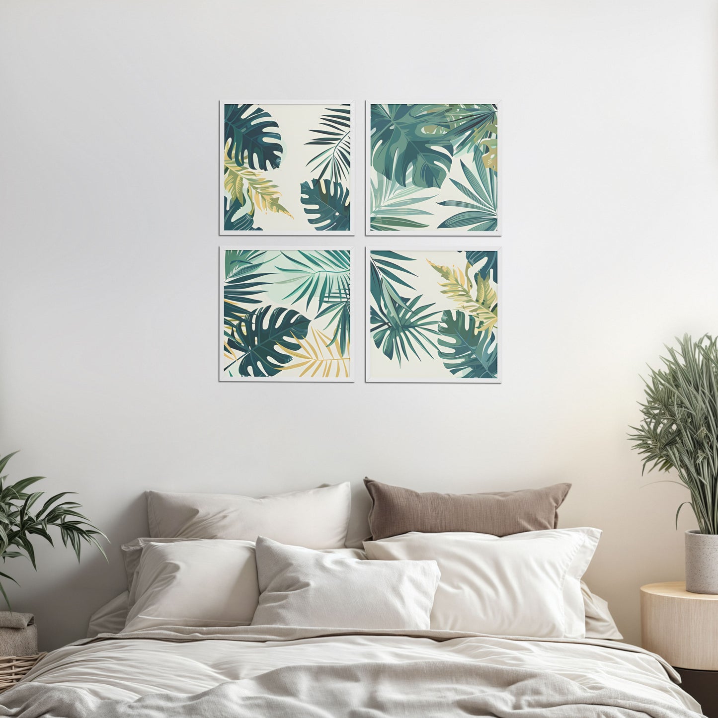 Bed Room Preview of Tropical Green Leaves Wall Art Frames Set of 4 in White Color Frame