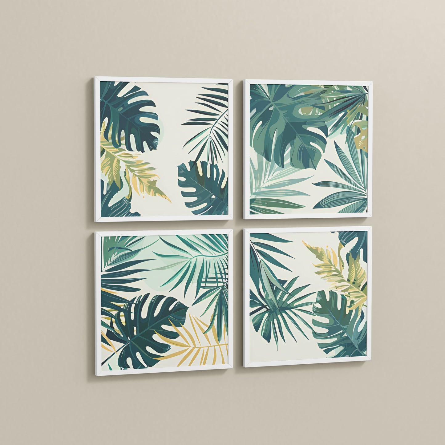 Side View of Tropical Green Leaves Wall Art Frames Set of 4 in White Color Frame