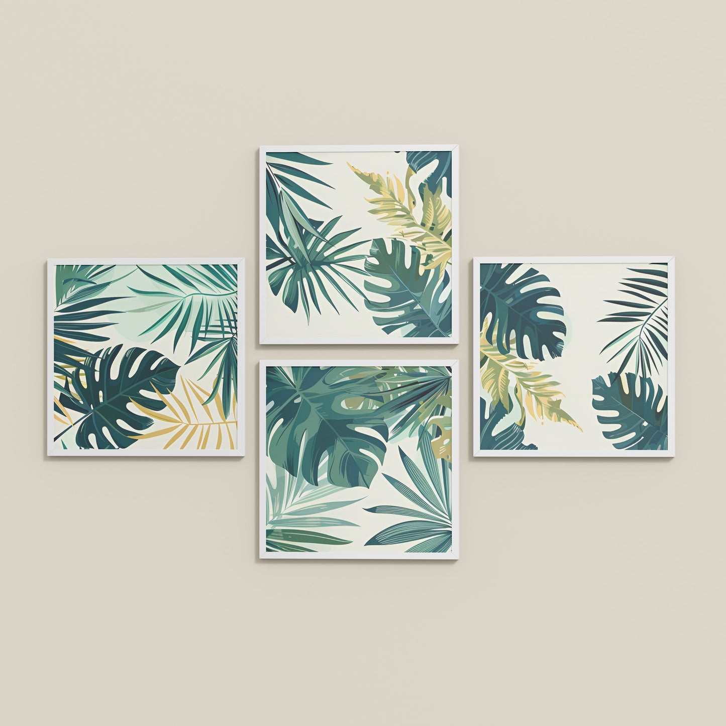 Inclined Floor View of Tropical Green Leaves Wall Art Frames Set of 4 in White Color Frame