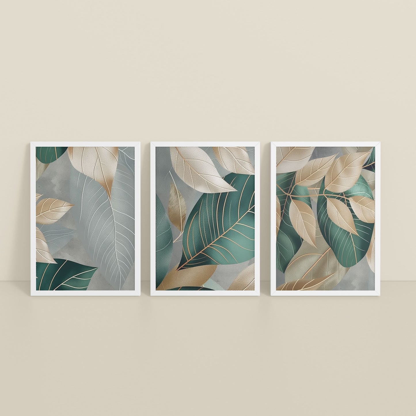 Inclined Floor View of Botanical Flow – Modern Leaves Abstract Art Set of 3 in White Color Frame