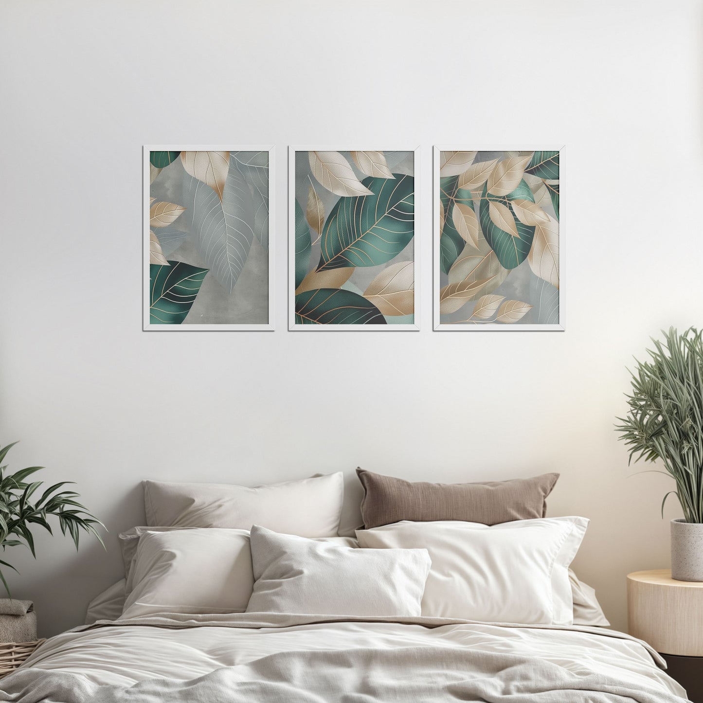 Bed Room Preview of Botanical Flow – Modern Leaves Abstract Art Set of 3 in White Color Frame