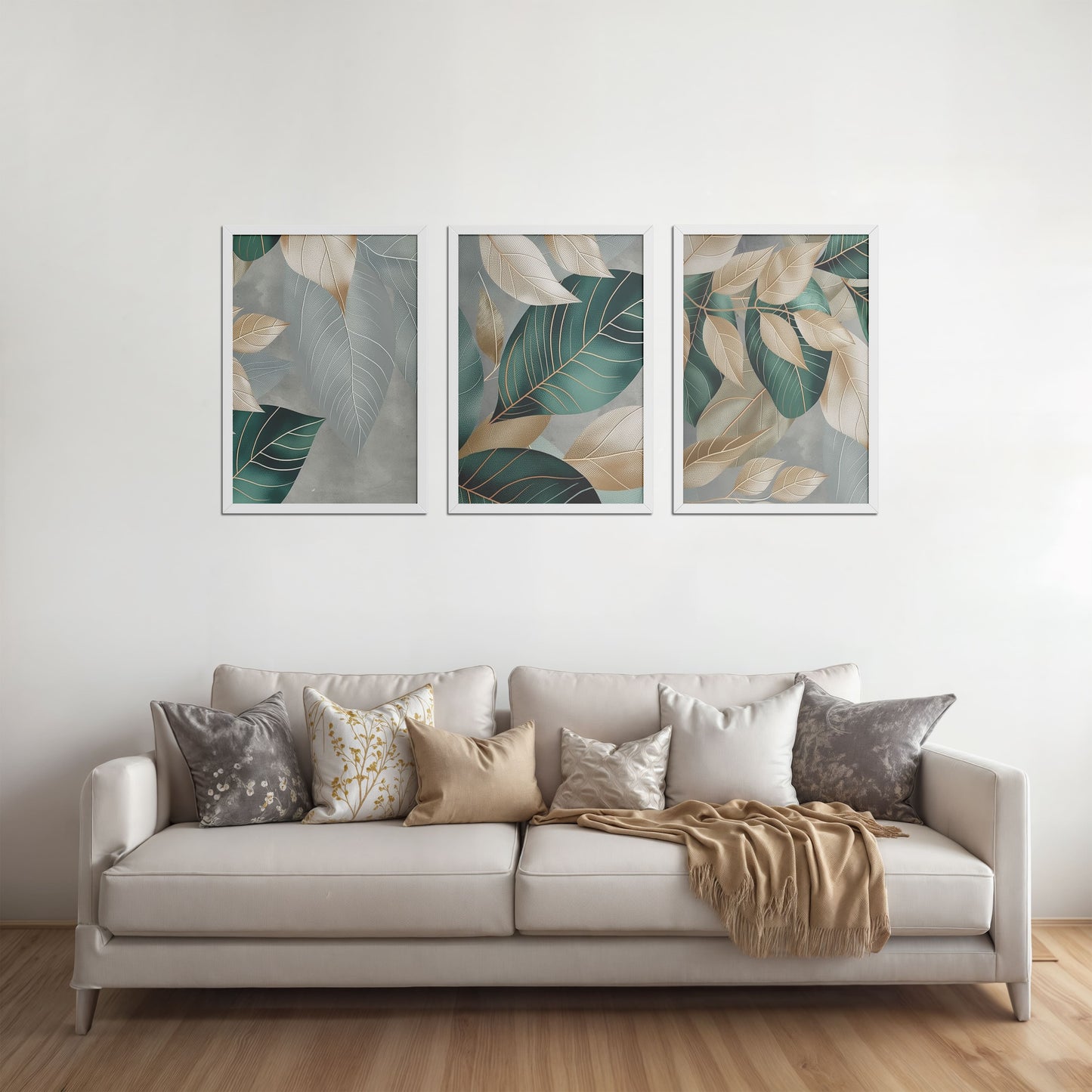 Living Room Sofa Preview of Botanical Flow – Modern Leaves Abstract Art Set of 3 in White Color Frame