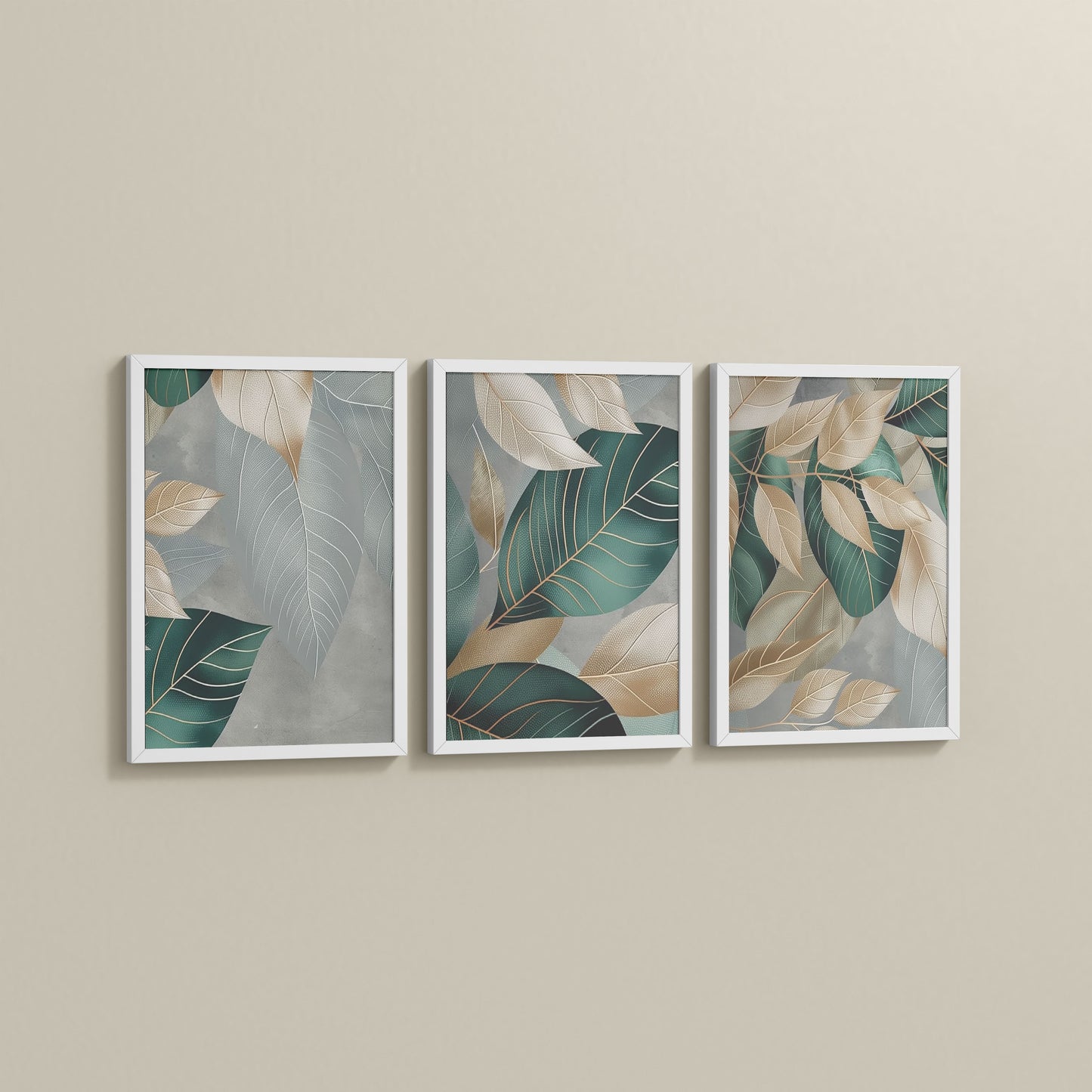 Side View of Botanical Flow – Modern Leaves Abstract Art Set of 3 in White Color Frame