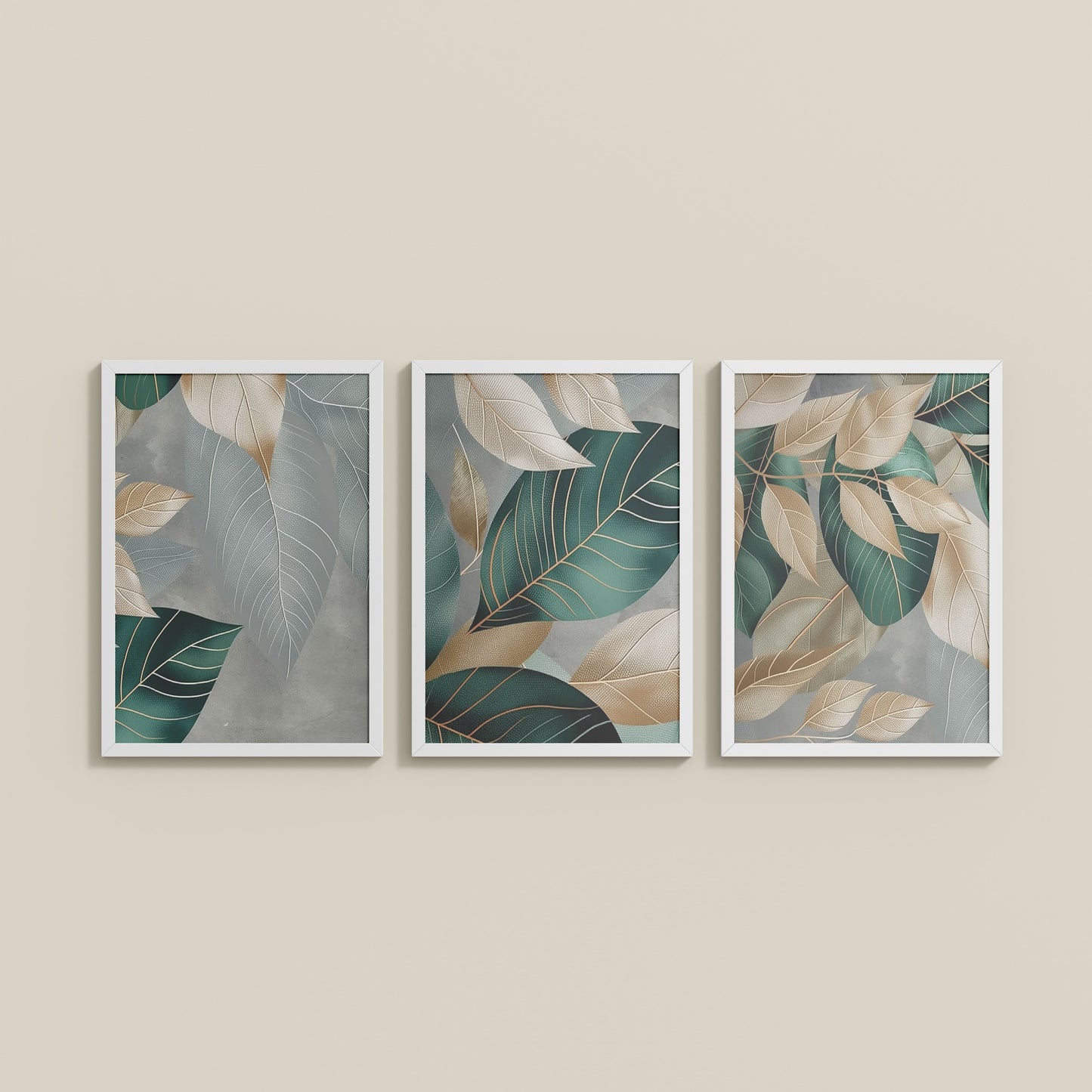 Wall View of Botanical Flow – Modern Leaves Abstract Art Set of 3 in White Color Frame