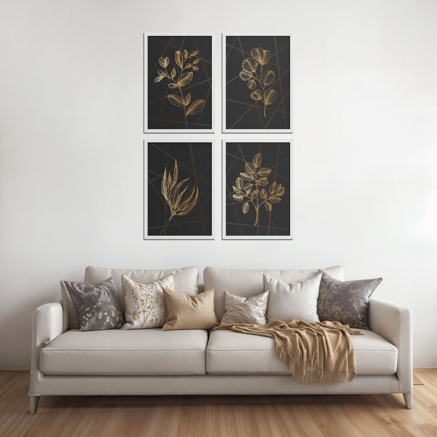 Living Room Sofa Preview of Golden Botanical Abstract Plant Wall Art Set of 4 in White Color Frame