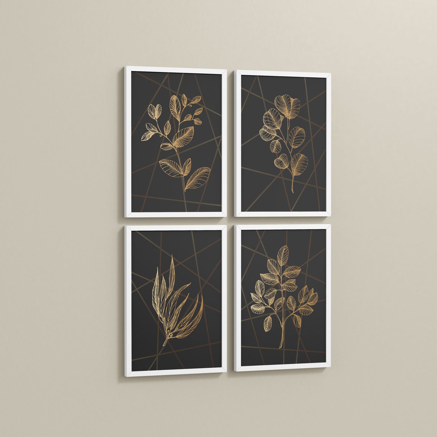Side View of Golden Botanical Abstract Plant Wall Art Set of 4 in White Color Frame