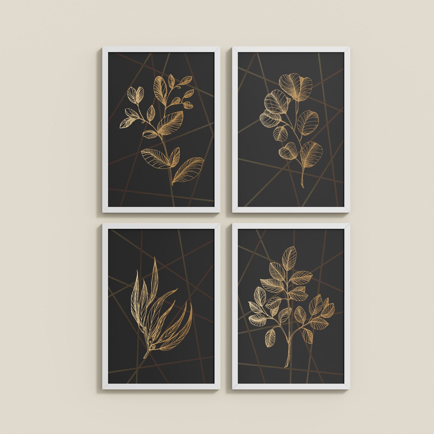Wall View of Golden Botanical Abstract Plant Wall Art Set of 4 in White Color Frame