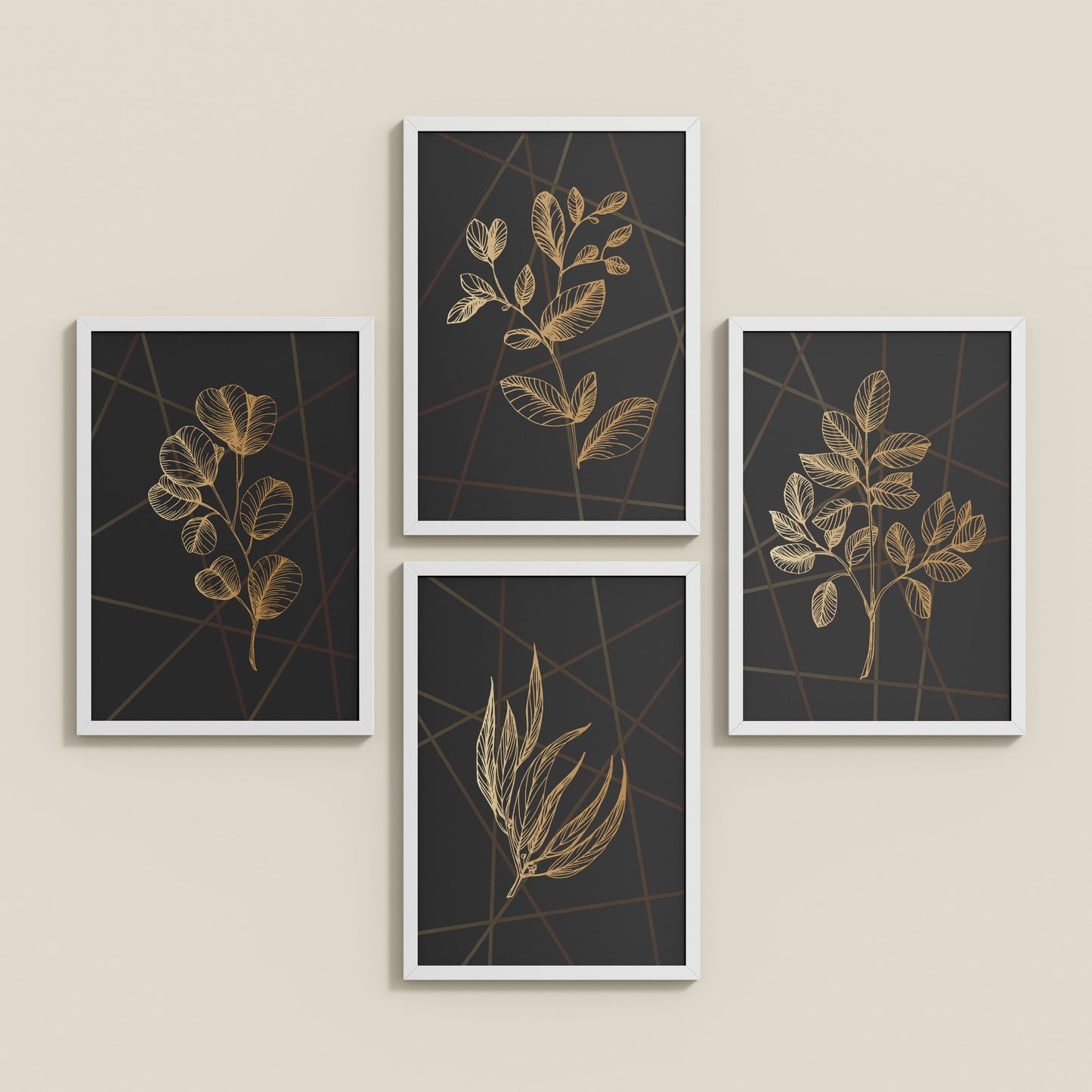 Inclined Floor View of Golden Botanical Abstract Plant Wall Art Set of 4 in White Color Frame