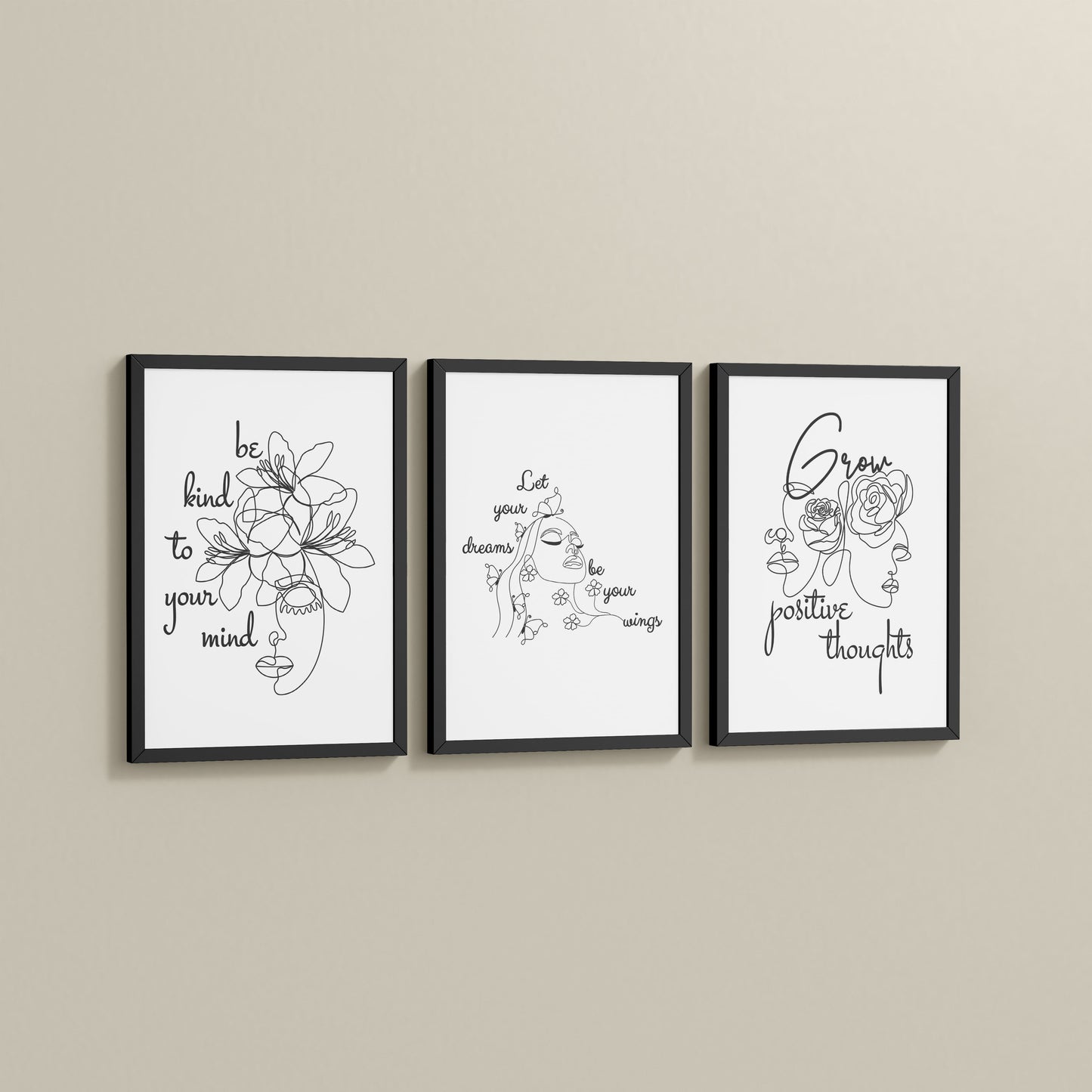 Side View of Grow Positive – Line Art Inspiration Set of 3 Frame in Black Color Frame